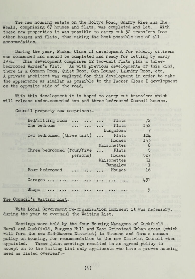 The new housing estate on the Holtye Road, Quarry Rise and The Weald, comprising 67 houses and flats, was completed and let. With these new properties it was possible to carry out 52 transfers from other houses and flats, thus making the best possible use of all accommodation. During the year, Packer Close II development for elderly citizens was commenced and should be completed and ready for letting by early 1974. This development comprises 22 two-unit flats plus a three- bedroomed Warden’s flat. As with previous developments of this kind, there is a Common Room, Quiet Room, Sun Lounge, Laundry Room, etc. A private architect was employed for this development in order to make the appearance as similar as possible to the Packer Close I development on the opposite side of the road. With this development it is hoped to carry out transfers which will release under-occupied two and three bedroomed Council houses. Council property now comprises:- Bed/sitting room ... Flats 72 One bedroom ... ... ... Flats 152 Bungalows 7 Two bedroomed (three unit) ... Flats 104 Houses 153 Maisonettes 8 Three bedroomed (four/five ... Flats 5 persons) Hous es 527 Maisonettes 31 Bungalow' 1 Four bedroomed ... Houses 16 Garages 431 Shops 5 The Council's Waiting List. With Local Government re-organisation imminent it was necessary, during the year to overhaul the Waiting List. Meetings were held by the four Housing Managers of Cuckfield Rural and Cuckfield, Burgess Hill and East Grinstead Urban areas (which will form the new Mid-Sussex District) to discuss and form a common policy on housing, for recommendation to the new District Council when appointed. These joint meetings resulted in an agreed policy to accept on to the Waiting List only applicants who have a proven housing need as listed overleaf:-