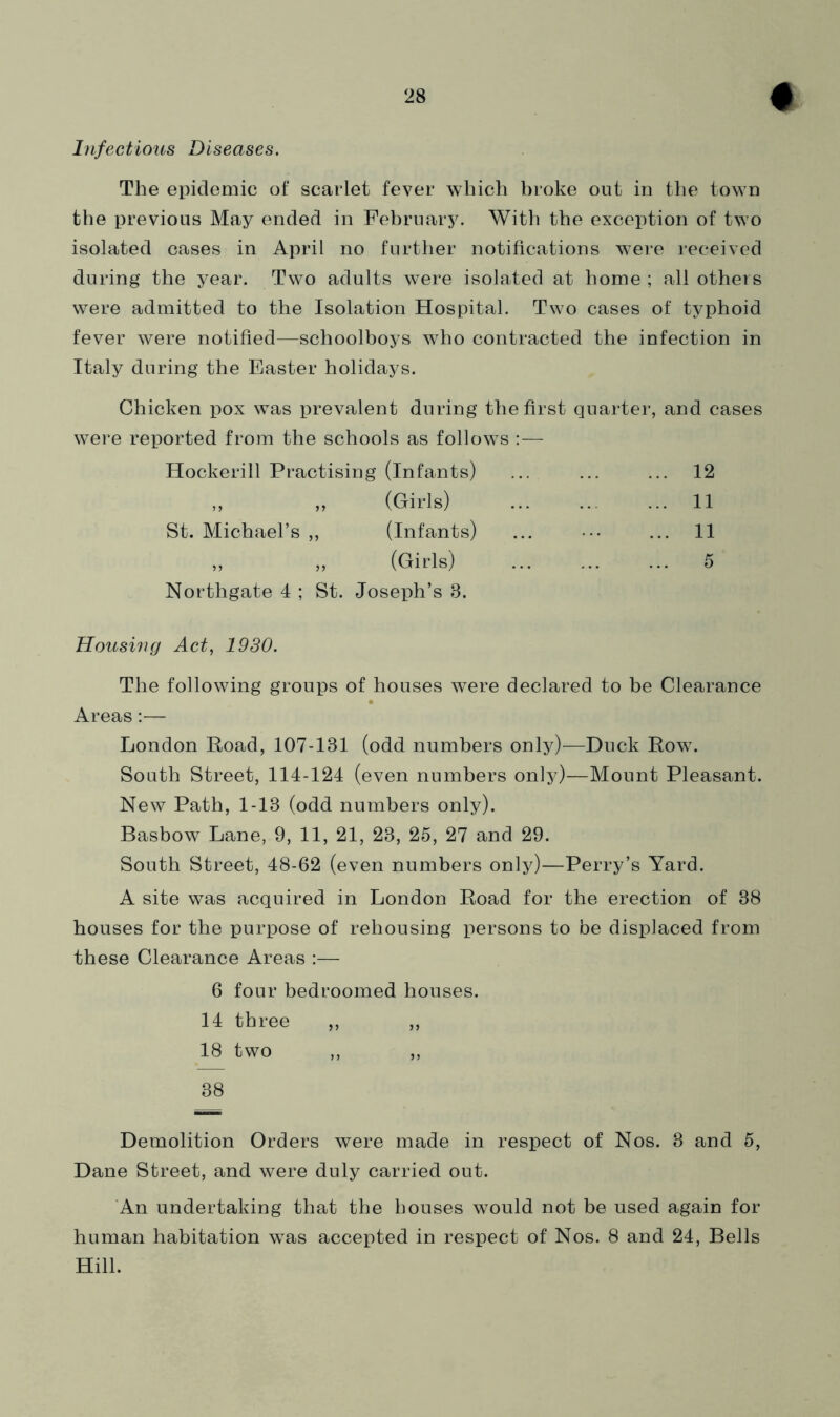 Infectious Diseases, The epidemic of scarlet fever which broke out in the town the previous May ended in February. With the exception of two isolated cases in April no further notifications were received during the year. Two adults were isolated at home ; all others were admitted to the Isolation Hospital. Two cases of typhoid fever were notified—schoolboys who contracted the infection in Italy during the Easter holidays. Chicken pox was prevalent during the first quarter, and cases were reported from the schools as follows :— Hockerill Practising (Infants) 12 (Girls) 11 St. Michael’s „ (Infants) ... 11 >> (Girls) 5 Northgate 4 ; St. Joseph’s 8. Housing Act, 1930. The following groups of houses were declared to be Clearance Areas:— London Road, 107-131 (odd numbers only)—Duck Row. South Street, 114-124 (even numbers only)—Mount Pleasant. New Path, 1-13 (odd numbers only). Basbow Lane, 9, 11, 21, 23, 25, 27 and 29. South Street, 48-62 (even numbers only)—Perry’s Yard. A site was acquired in London Road for the erection of 38 houses for the purpose of rehousing persons to be displaced from these Clearance Areas :— 6 four bedroomed houses. 14 three ,, ,, 18 two ,, ,, 38 Demolition Orders were made in respect of Nos. 3 and 5, Dane Street, and were duly carried out. An undertaking that the houses would not be used again for human habitation was accepted in respect of Nos. 8 and 24, Bells Hill.