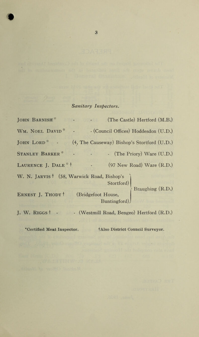 John Barnish  Wm. Noel David John Lord Stanley Barker  Laurence J. Dale + Sanitary Inspectors. (The Castle) Hertford (M.B.) - (Council Offices) Hoddesdon (U.D.) (4, The Causeway) Bishop’s Stortford (U.D.) - (The Priory) Ware (U.D.) (97 New Road) Ware (R.D.) W. N. Jarvis t (58, Warwick Road, Bishop’s Stortford) Ernest J. ThodyI J. W. Riggs f - (Bridgefoot House, Buntingford). Braughing (R.D.) (Westmill Road, Bengeo) Hertford (R.D.) *Certified Meat Inspector. fAlso District Council Surveyor.