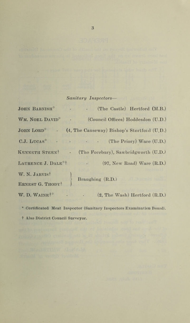 Sanitary hispectors— John Barnish'’' (The Castle) Hertford (M.B.) Wm. Noel David (Council Offices) Hoddesdon (U.D.) John Lord (4, The Causeway) Bishop’s Stortfoid (U.D.) C.J. Lucas (The Priory) Ware (U.D.) Kenneth Steen! (The Forebury), Saw^bridgw’orth (U.D.) Laurence J. Dale*+ - (97, New Road) Ware (R.D.) W. N. Jarvis! Ernest G. Thody! 1 Bi'aiigbing (R.D.) W. D. Waine! (2, The Wash) Hertford (R.D.) * Certificated Meat Inspector (Sanitary Inspectors Examination Board) t Also District Council Surveyor.