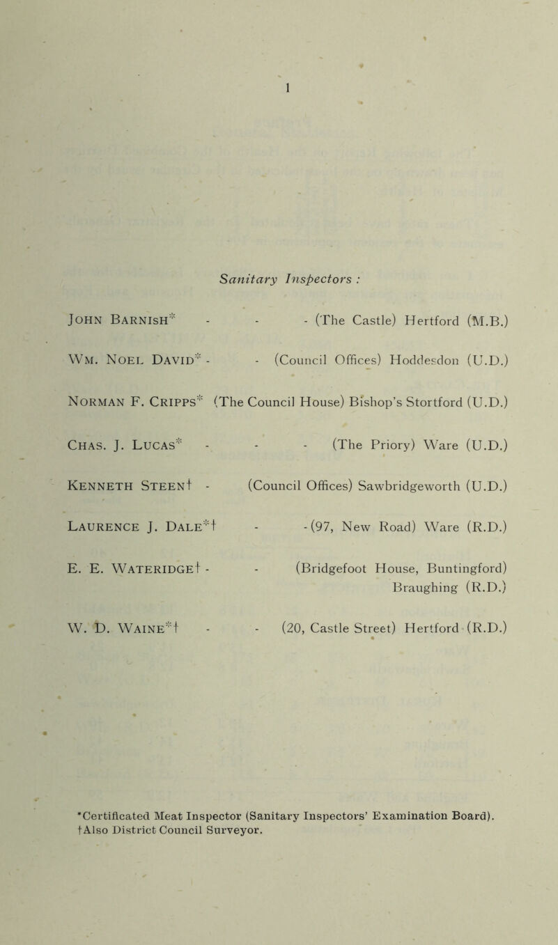 Sanitary Inspectors : John Barnish* - (The Castle) Hertford (M.B.) Wm. Noel David - (Council Offices) Hoddesdon (U.D.) Norman F. Cripps (The Council House) Bishop’s Stortford (U.D.) Chas. J. Lucas (The Priory) Ware (U.D.) Kenneth Steen! - (Council Offices) Sawbridgeworth (U.D.) Laurence J. Dale'H -(97, New Road) Ware (R.D.) E. E. Wateridge! - (Bridgefoot House, Buntingford) Braughing (R.D.) W. D. Waine*! (20, Castle Street) Hertford • (R.D.) • ’Certificated Meat Inspector (Sanitary Inspectors’ Examination Board), t Also District Council Surveyor.
