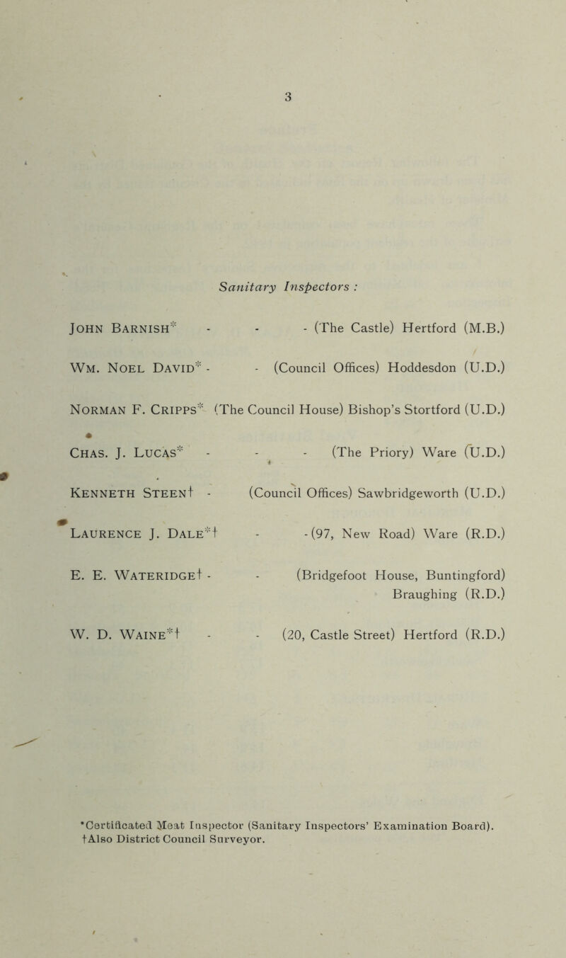 Sanitary Inspectors : John Barnish Wm. Noel David - Norman F. Cripps Chas. J. Lucas Kenneth Steen! ■ Laurence J. Dale' E. E. Wateridge! ■ W. D. Waine! - (The Castle) Hertford (M.B.) - (Council Offices) Hoddesdon (U.D.) (The Council House) Bishop’s Stortford (U.D.) (The Priory) Ware CU.D.) i (Council Offices) Sawbridgeworth (U.D.) f - -(97, New Road) Ware (R.D.) (Bridgefoot House, Buntingford) Braughing (R.D.) (20, Castle Street) Hertford (R.D.) ‘Cerfciricated Meat laspector (Sanitary Inspectors’ Examination Board), t Also District Council Surveyor.