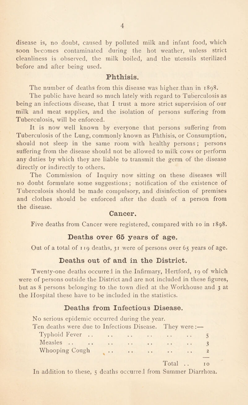 disease is, no doubt, caused by polluted milk and infant food, which soon becomes contaminated during the hot weather, unless strict cleanliness is observed, the milk boiled, and the utensils sterilized before and after being used. Phthisis. The number of deaths from this disease was higher than in 1898. The public have heard so much lately with regard to Tuberculosis as being an infectious disease, that I trust a more strict supervision of our milk and meat supplies, and the isolation of persons suffering from Tuberculosis, will be enforced. It is now well known by everyone that persons suffering from Tuberculosis of the Lung, commonly known as Phthisis, or Consumption, should not sleep in the same room with healthy persons ; persons suffering from the disease should not be allowed to milk cows or perform any duties by which they are liable to transmit the germ of the disease directly or indirectly to others. The Commission of Inquiry now sitting on these diseases will no doubt formulate some suggestions; notification of the existence of Tuberculosis should be made compulsory, and disinfection of premises and clothes should be enforced after the death of a person from the disease. Cancer. Five deaths from Cancer were registered, compared with 10 in 1898. Deaths over 65 years of age. Out of a total of 119 deaths, 31 were of persons over 65 years of age. Deaths out of and in the District. Twenty-one deaths occurred in the Infirmary, Hertford, 19 of which were of persons outside the District and are not included in these figures, but as 8 persons belonging to the town died at the Workhouse and 3 at the Hospital these have to be included in the statistics. Deaths from Infectious Disease. No serious epidemic occurred during the year. Ten deaths were due to Infectious Disease. They were :— Typhoid Fever . . . . . . . . . . . . 5 Measles , . . . . . . . . . . . . . 3 Whooping Cough . . .. .. . . .. 2 Total . . 10 In addition to these, 5 deaths occurred from Summer Diarrhoea.