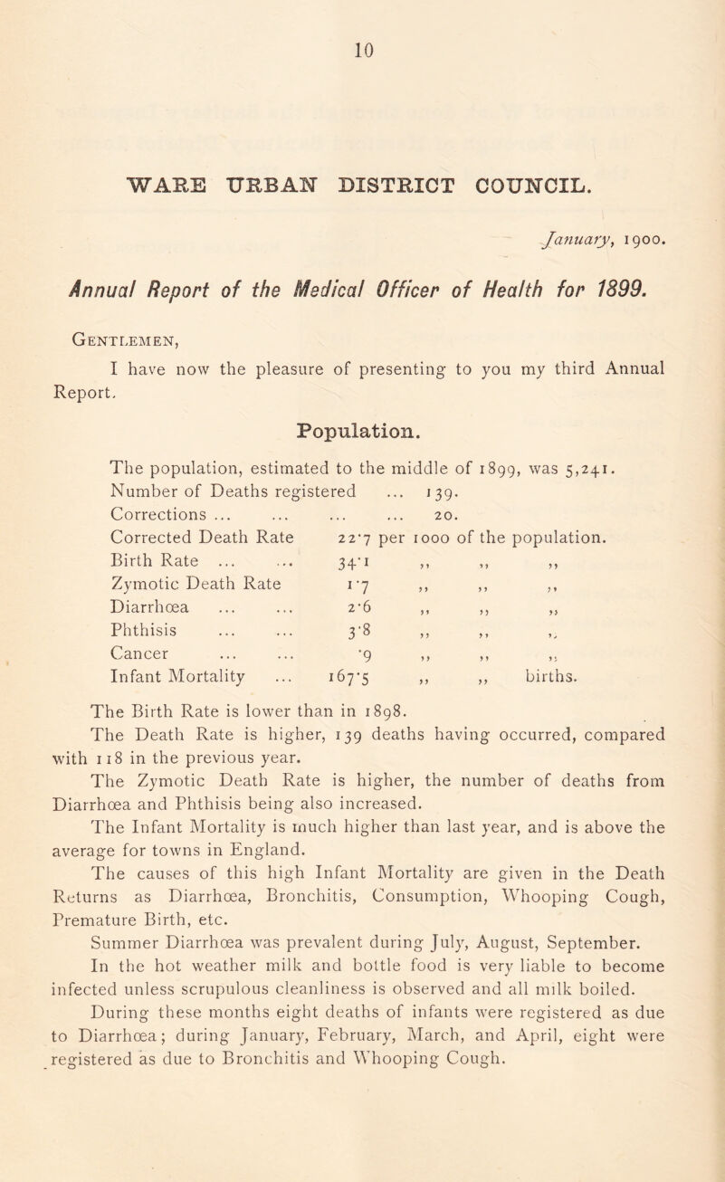 WARE URBAN DISTRICT COUNCIL. Ja?mary} 1900. AnnuaI Report of the Medical Officer of Health for 1899. Gentlemen, I have now the pleasure of presenting to you my third Annual Report, Population. The population, estimated to the middle of 1899, was 5,241. Number of Deaths registered ... 139. Corrections ... Corrected Death Rate Birth Rate Zymotic Death Rate Diarrhoea Phthisis Cancer Infant Mortality 20. 22‘7 per 1000 of the population. 34’1 7 7 7 7 7 7 17 7 7 7 7 2*6 ? 1 77 77 00 7 7 71 7, '9 7 7 7 7 7 *, 7 7 7 7 births. The Birth Rate is lower than in 1898. The Death Rate is higher, 139 deaths having occurred, compared with 118 in the previous year. The Zymotic Death Rate is higher, the number of deaths from Diarrhoea and Phthisis being also increased. The Infant Mortality is much higher than last year, and is above the average for towns in England. The causes of this high Infant Mortality are given in the Death Returns as Diarrhoea, Bronchitis, Consumption, Whooping Cough, Premature Birth, etc. Summer Diarrhoea was prevalent during July, August, September. In the hot weather milk and bottle food is very liable to become infected unless scrupulous cleanliness is observed and all milk boiled. During these months eight deaths of infants were registered as due to Diarrhoea; during January, February, March, and April, eight were registered as due to Bronchitis and Whooping Cough.