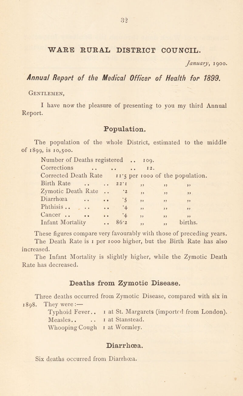 WAKE KUKAL DISTRICT COUNCIL. January, 1900. Annual Report of the Medical Officer of Health for 1899. Gentlemen, I have now the pleasure of presenting to you my third Annual Report. Population. The population of the whole District, estimated to the middle of 1899, is 10,500. Number of Deaths registered .. 109. Corrections • § » • 12 • Corrected Death Rate n*5 per 1000 of the populati Birth Rate 22-i ,, „ it Zymotic Death Rate .. •2 „ „ )> Diarrhoea .. , , 5 > f a if Phthisis .. ’4 ft Cancer .. 4 a >> ft Infant Mortality 86 2 ,, ,, births. These figures compare very favourably with those of preceding years. The Death Rate is 1 per 1000 higher, but the Birth Rate has also increased. The Infant Mortality is slightly higher, while the Zymotic Death Rate has decreased. Deaths from Zymotic Disease. Three deaths occurred from Zymotic Disease, compared with six in 1898. They were :— Typhoid Fever.. 1 at St. Margarets (imported from London). Measles., .. 1 at Stanstead. Whooping Cough 1 at Wormley. Diarrhoea. Six deaths occurred from Diarrhoea.