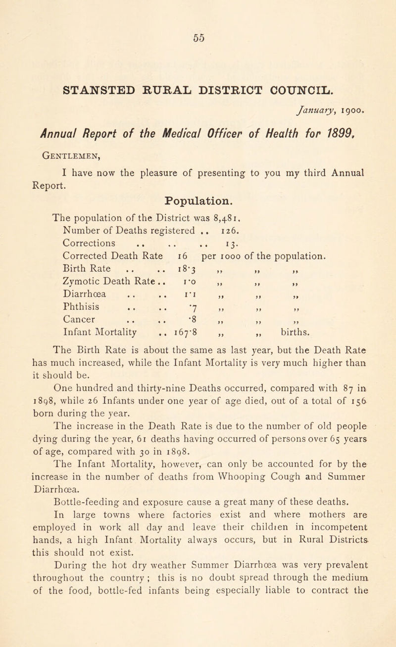 STANSTED RURAL DISTRICT COUNCIL. January, 1900. Annua! Report of the Medical Officer of Health for 18999 Corrections Corrected Death Rate 16 per iooo of the population. 18 *3 Birth Rate Zymotic Death Rate Diarrhoea Phthisis Cancer Infant Mortality 167• 8 ,, ,, births. The Birth Rate is about the same as last year, but the Death Rate has much increased, while the Infant Mortality is very much higher than it should be. One hundred and thirty-nine Deaths occurred, compared with 87 in 1898, while 26 Infants under one year of age died, out of a total of 156 born during the year. The increase in the Death Rate is due to the number of old people dying during the year, 61 deaths having occurred of persons over 65 years of age, compared with 30 in 1898. The Infant Mortality, however, can only be accounted for by the increase in the number of deaths from Whooping Cough and Summer Diarrhoea. Bottle-feeding and exposure cause a great many of these deaths. In large towns where factories exist and where mothers are employed in work all day and leave their childten in incompetent hands, a high Infant Mortality always occurs, but in Rural Districts this should not exist. During the hot dry weather Summer Diarrhoea was very prevalent throughout the country ; this is no doubt spread through the medium of the food, bottle-fed infants being especially liable to contract the