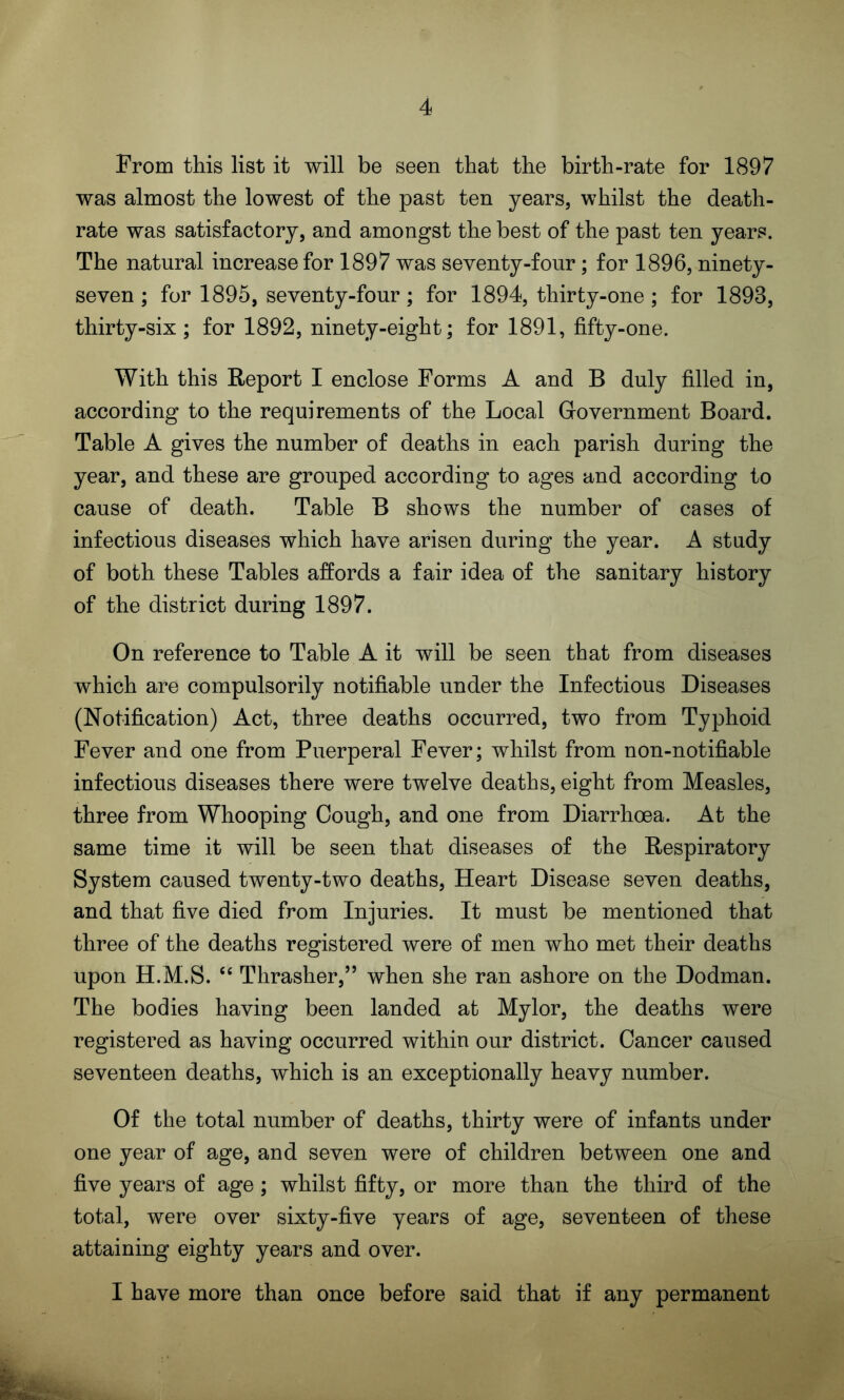 From this list it will be seen that the birth-rate for 1897 was almost the lowest of the past ten years, whilst the death- rate was satisfactory, and amongst the best of the past ten years. The natural increase for 1897 was seventy-four; for 1896, ninety- seven ; for 1895, seventy-four; for 1894, thirty-one; for 1893, thirty-six; for 1892, ninety-eight; for 1891, fifty-one. With this Report I enclose Forms A and B duly filled in, according to the requirements of the Local Government Board. Table A gives the number of deaths in each parish during the year, and these are grouped according to ages and according to cause of death. Table B shows the number of cases of infectious diseases which have arisen during the year. A study of both these Tables affords a fair idea of the sanitary history of the district during 1897. On reference to Table A it will be seen that from diseases which are compulsorily notifiable under the Infectious Diseases (Notification) Act, three deaths occurred, two from Typhoid Fever and one from Puerperal Fever; whilst from non-notifiable infectious diseases there were twelve deaths, eight from Measles, three from Whooping Cough, and one from Diarrhoea. At the same time it will be seen that diseases of the Respiratory System caused twenty-two deaths, Heart Disease seven deaths, and that five died from Injuries. It must be mentioned that three of the deaths registered were of men who met their deaths upon H.M.S. “ Thrasher,” when she ran ashore on the Dodman. The bodies having been landed at Mylor, the deaths were registered as having occurred within our district. Cancer caused seventeen deaths, which is an exceptionally heavy number. Of the total number of deaths, thirty were of infants under one year of age, and seven were of children between one and five years of age; whilst fifty, or more than the third of the total, were over sixty-five years of age, seventeen of these attaining eighty years and over. I have more than once before said that if any permanent