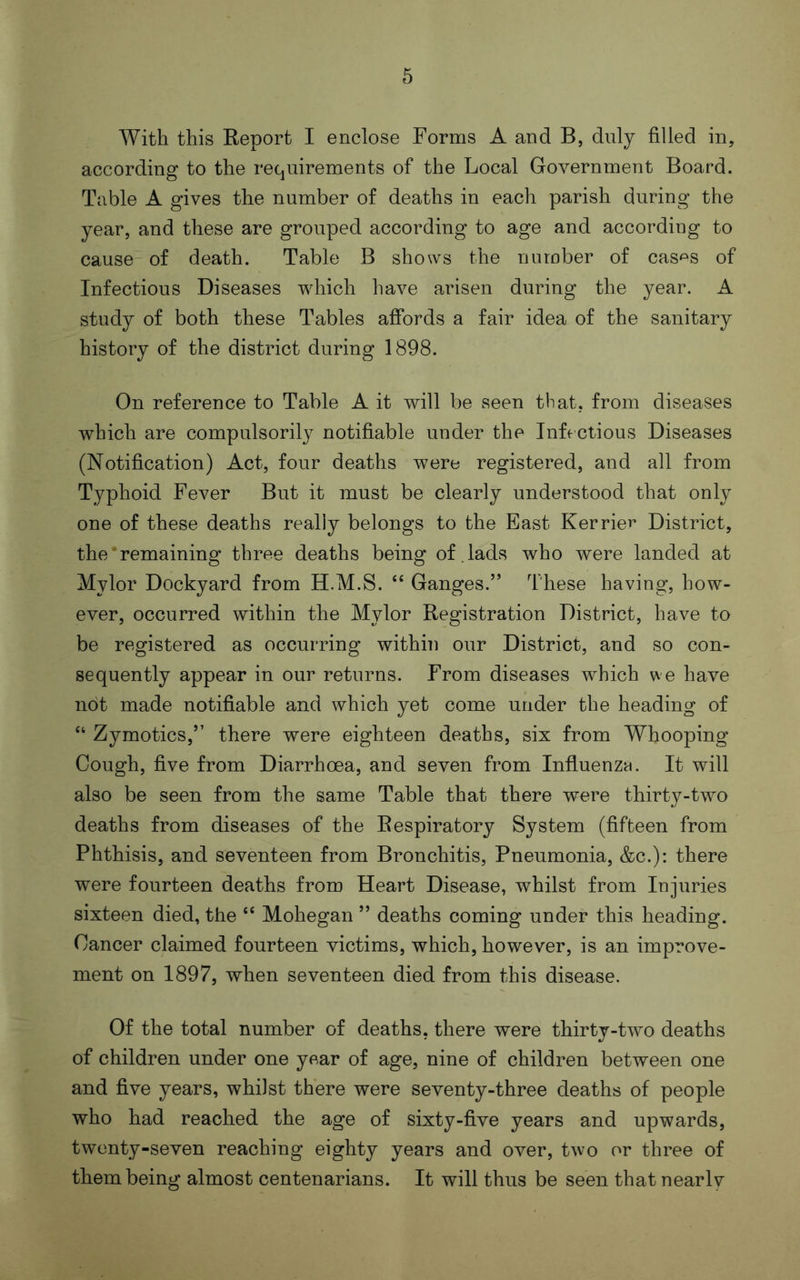 With this Report I enclose Forms A and B, duly filled in, according to the requirements of the Local Government Board. Table A gives the number of deaths in each parish during the year, and these are grouped according to age and according to cause of death. Table B shows the number of cas^s of Infectious Diseases which have arisen during the year. A study of both these Tables affords a fair idea of the sanitary history of the district during 1898. On reference to Table A it will be seen that, from diseases which are compulsorily notifiable under the Infi ctious Diseases (Notification) Act, four deaths were registered, and all from Typhoid Fever But it must be clearly understood that only one of these deaths really belongs to the East Kerrier District, the'remaining throe deaths being of .lads who were landed at Mylor Dockyard from H.M.S. “ Ganges.” These having, how- ever, occurred within the Mylor Registration District, have to be registered as occurring within our District, and so con- sequently appear in our returns. From diseases which we have not made notifiable and which yet come under the heading of “ Zyrnotics,” there were eighteen deaths, six from Whooping Cough, five from Diarrhoea, and seven from Influenza. It will also be seen from the same Table that there were thirty-two deaths from diseases of the Respiratory System (fifteen from Phthisis, and seventeen from Bronchitis, Pneumonia, &c.): there were fourteen deaths from Heart Disease, whilst from Injuries sixteen died, the ‘‘ Mohegan ” deaths coming under this heading. Cancer claimed fourteen victims, which, however, is an improve- ment on 1897, when seventeen died from this disease. Of the total number of deaths, there were thirty-two deaths of children under one year of age, nine of children between one and five years, whilst there were seventy-three deaths of people who had reached the age of sixty-five years and upwards, twenty-seven reaching eighty years and over, two or three of them being almost centenarians. It will thus be seen that nearly