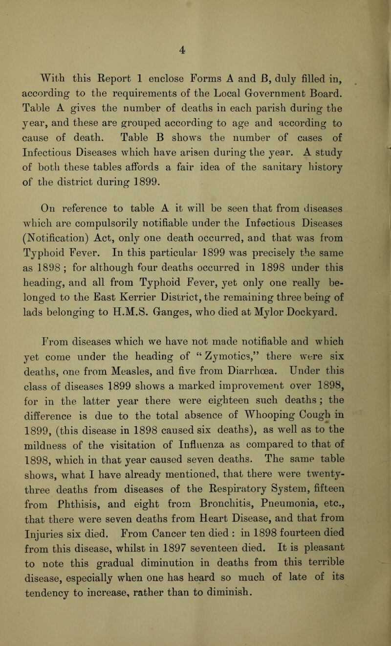 With this Report 1 enclose Forms A and B, duly filled in, according to the requirements of the Local Government Board. Table A gives the number of deaths in each parish during the year, and these are grouped according to age and according to cause of death. Table B shows the number of cases of Infectious Diseases which have arisen during the year. A study of both these tables affords a fair idea of the sanitary history of the district during 1899. On reference to table A it will be seen that from diseases which are compulsorily notifiable under the Infectious Diseases (Notification) Act, only one death occurred, and that was from Typhoid Fever. In this particular 1899 was precisely the same as 1898 ; for although four deaths occurred in 1898 under this heading, and all from Typhoid Fever, yet only one really be- longed to the East Kerrier District, the remaining three being of lads belonging to H.M.S. Ganges, who died at Mylor Dockyard. From diseases which we have not made notifiable and which yet come under the heading of “ Zymotics,” there were six deaths, one from Measles, and five from Diarrhoea. Under this class of diseases 1899 shows a marked improvement over 1898, for in the latter year there were eighteen such deaths ; the difference is due to the total absence of Whooping Cough in 1899, (this disease in 1898 caused six deaths), as well as to the mildness of the visitation of Influenza as compared to that of 1898, which in that year caused seven deaths. The same table shows, what I have already mentioned, that there were twenty- three deaths from diseases of the Respiratory System, fifteen from Phthisis, and eight from Bronchitis, Pneumonia, etc., that there were seven deaths from Heart Disease, and that from Injuries six died. From Cancer ten died : in 1898 fourteen died from this disease, whilst in 1897 seventeen died. It is pleasant to note this gradual diminution in deaths from this terrible disease, especially when one has heard so much of late of its tendency to increase, rather than to diminish.