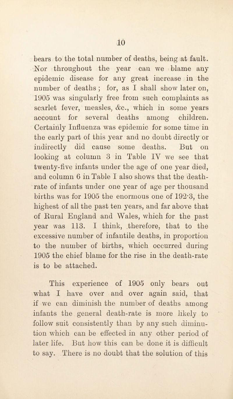 bears to the total number of deaths, being at fault. Nor throughout the year can we blame any epidemic disease for any great increase in the number of deaths ; for, as I shall show later on, 1905 was singularly free from such complaints as scarlet fever, measles, &c., which in some years account for several deaths among children. Certainly Influenza was epidemic for some time in the early part of this year and no doubt directly or indirectly did cause some deaths. But on looking at column 3 in Table IY we see that twenty-five infants under the age of one year died, and column 6 in Table I also shows that the death- rate of infants under one year of age per thousand births was for 1905 the enormous one of 192*3, the highest of all the past ten years, and far above that of Bural England and Wales, which for the past year was 113. I think, .therefore, that to the excessive number of infantile deaths, in proportion to the number of births, which occurred during 1905 the chief blame for the rise in the death-rate is to be attached. This experience of 1905 only bears out what I have over and over again said, that if we can diminish the number of deaths among infants the general death-rate is more likely to follow suit consistently than by any such diminu- tion which can be effected in any other period of later life. But how this can be done it is difficult to say. There is no doubt that the solution of this