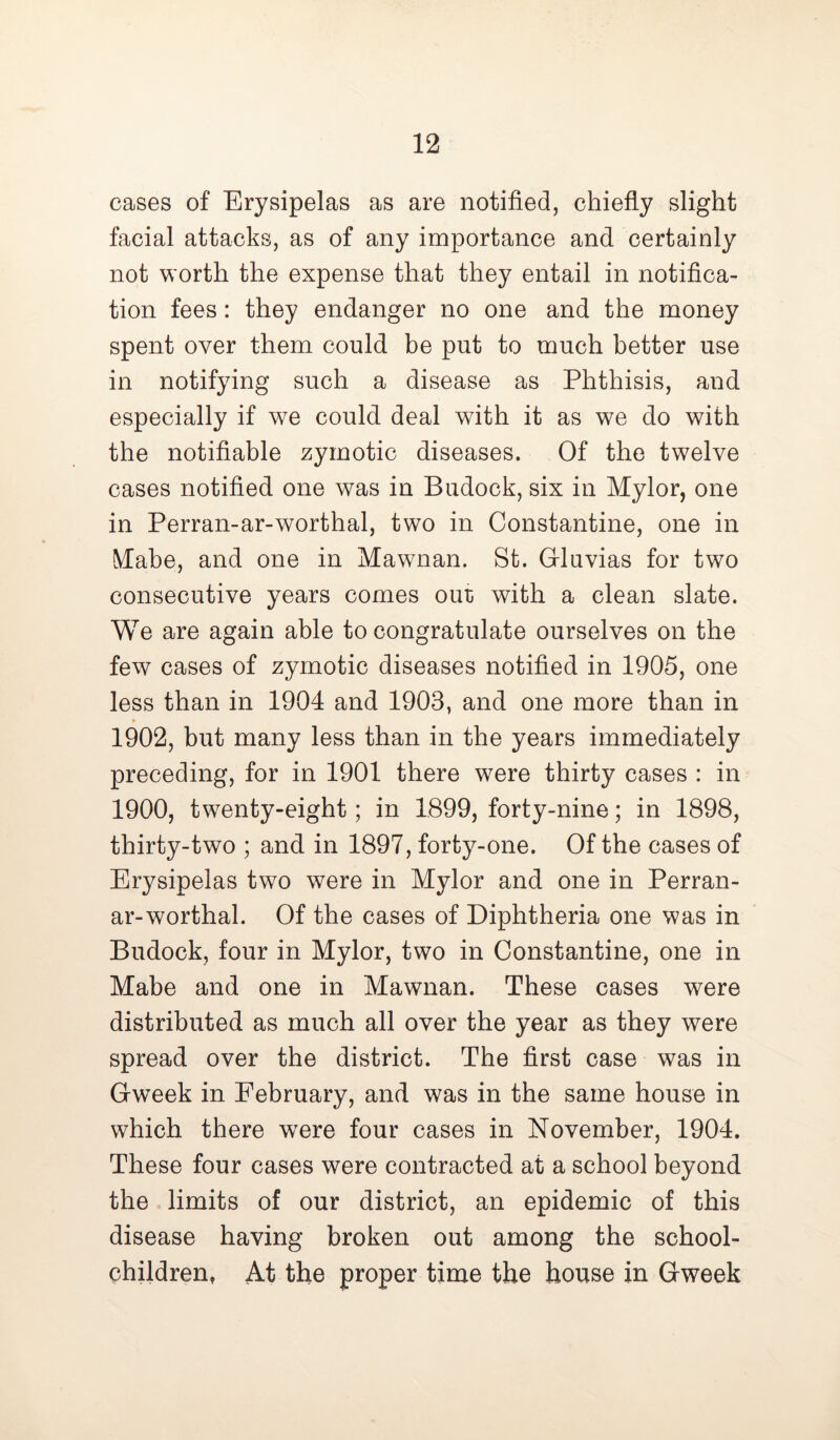 cases of Erysipelas as are notified, chiefly slight facial attacks, as of any importance and certainly not worth the expense that they entail in notifica- tion fees: they endanger no one and the money spent over them could be put to much better use in notifying such a disease as Phthisis, and especially if we could deal with it as we do with the notifiable zymotic diseases. Of the twelve cases notified one was in Budock, six in Mylor, one in Perran-ar-worthal, two in Constantine, one in Mabe, and one in Mawnan. St. Gluvias for two consecutive years comes out] with a clean slate. We are again able to congratulate ourselves on the few cases of zymotic diseases notified in 1905, one less than in 1904 and 1903, and one more than in 1902, but many less than in the years immediately preceding, for in 1901 there were thirty cases : in 1900, twenty-eight; in 1899, forty-nine; in 1898, thirty-two ; and in 1897, forty-one. Of the cases of Erysipelas two were in Mylor and one in Perran- ar-worthal. Of the cases of Diphtheria one was in Budock, four in Mylor, two in Constantine, one in Mabe and one in Mawnan. These cases were distributed as much all over the year as they were spread over the district. The first case was in Gweek in February, and was in the same house in which there were four cases in November, 1904. These four cases were contracted at a school beyond the limits of our district, an epidemic of this disease having broken out among the school- children, At the proper time the house in Gweek