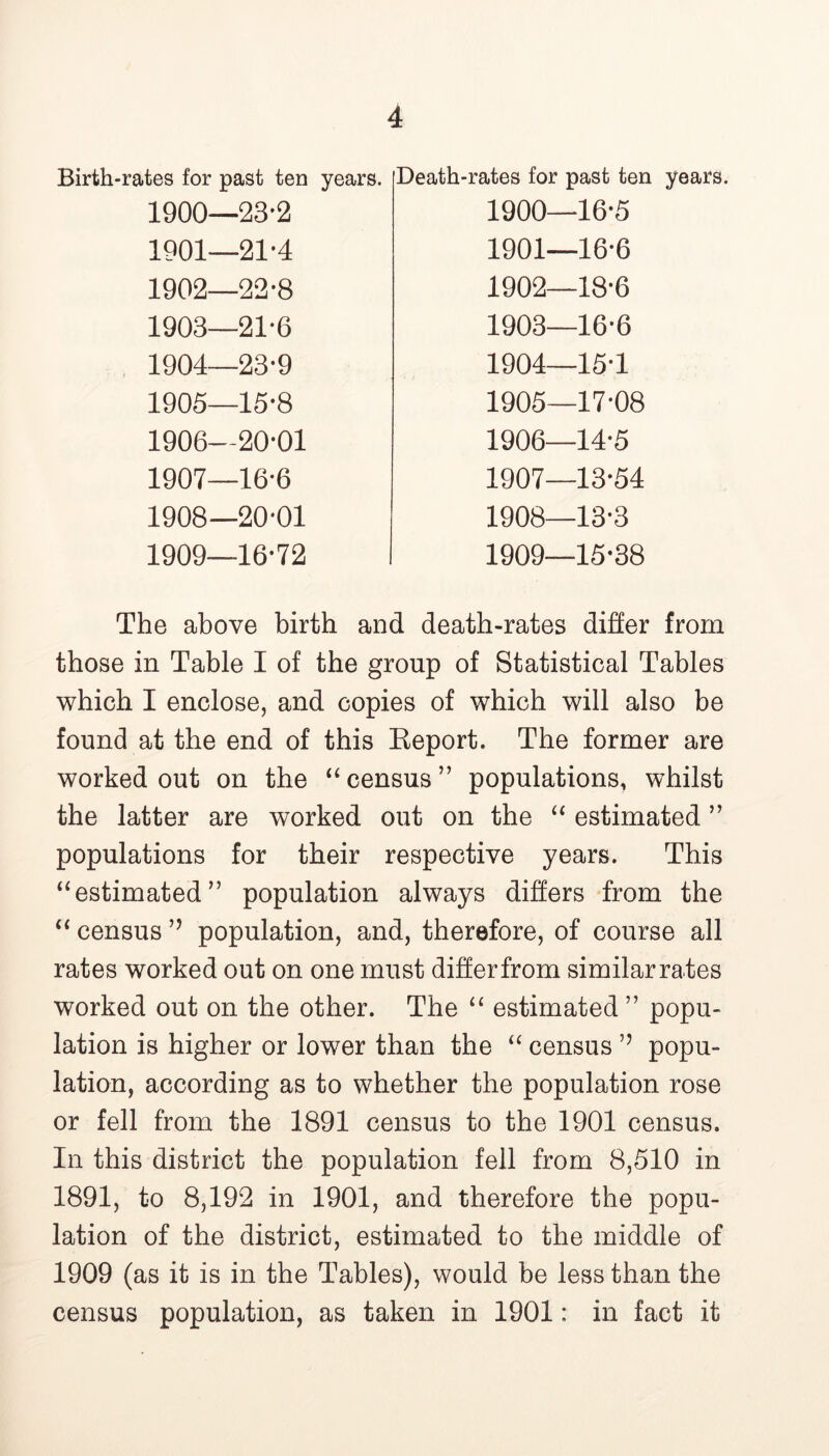 Birth-rates for past ten years. 1900— 23-2 1901— 21-4 1902— 22-8 1903— 21-6 1904— 23-9 1905— 15-8 1906— 20-01 1907— 16-6 1908— 20-01 1909— 16-72 Death-rates for past ten years. 1900— 16-5 1901— 16-6 1902— 18-6 1903— 16-6 1904— 15-1 1905— 17-08 1906— 14-5 1907— 13-54 1908— 13-3 1909— 15-38 The above birth and death-rates differ from those in Table I of the group of Statistical Tables which I enclose, and copies of which will also be found at the end of this Eeport. The former are worked out on the “census” populations, whilst the latter are worked out on the “ estimated ” populations for their respective years. This “estimated” population always differs from the “ census ” population, and, therefore, of course all rates worked out on one must differ from similar rates worked out on the other. The “ estimated ” popu- lation is higher or lower than the “ census ’’ popu- lation, according as to whether the population rose or fell from the 1891 census to the 1901 census. In this district the population fell from 8,510 in 1891, to 8,192 in 1901, and therefore the popu- lation of the district, estimated to the middle of 1909 (as it is in the Tables), would be less than the census population, as taken in 1901: in fact it