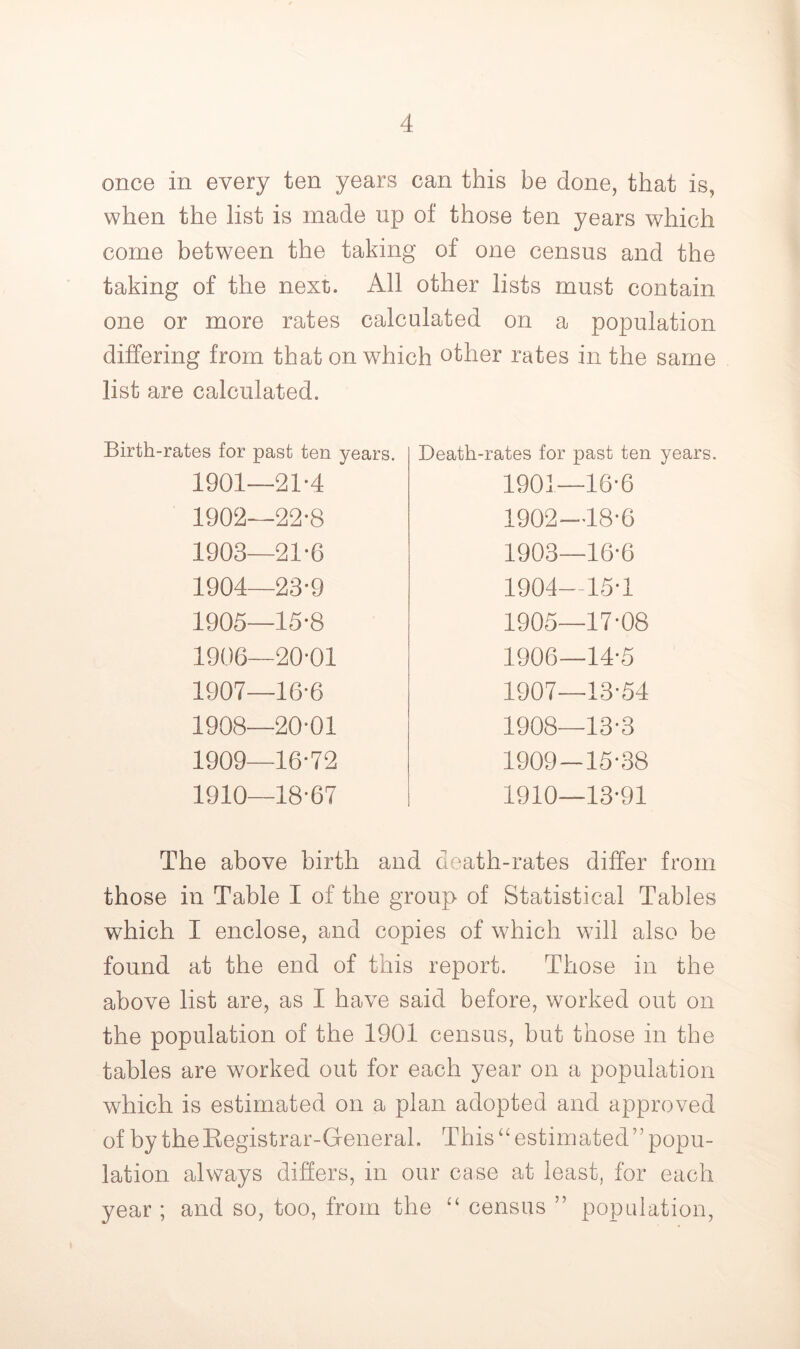 once in every ten years can this be done, that is, when the list is made up of those ten years which come between the taking of one census and the taking of the next. All other lists must contain one or more rates calculated on a population differing from that on which other rates in the same list are calculated. Birth-rates for past ten years. 1901- -21-4 1902- -22-8 1903 -21-6 1904 -23-9 1905 -15-8 1906 -20-01 1907 -16-6 1908 -20-01 1909 -16-72 1910 -18-67 Death-rates for past ten years. 1901— 16*6 1902— 18-6 1903— 16-6 1904— 15-1 1905— 17-08 1906— 14-5 1907— 13-54 1908— 13-3 1909— 15-38 1910— 13-91 The above birth and death-rates differ from those in Table I of the group of Statistical Tables which I enclose, and copies of which will also be found at the end of this report. Those in the above list are, as I have said before, worked out on the population of the 1901 census, but those in the tables are worked out for each year on a population which is estimated on a plan adopted and approved of by theEegistrar-General. This‘^estimated” popu- lation always differs, in our case at least, for each year ; and so, too, from the “ census ” population,