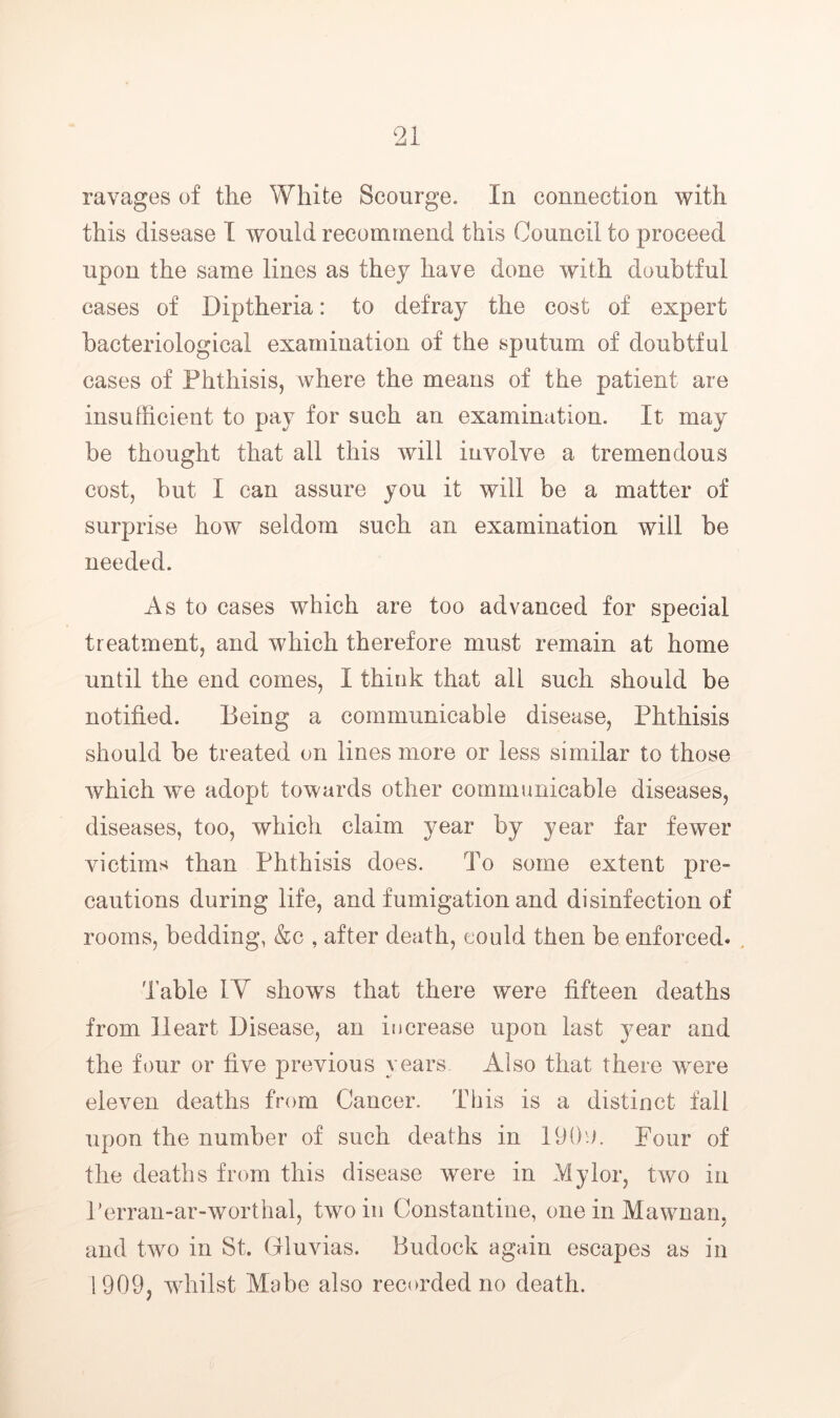 ravages of the White Scourge. In connection with this disease I would recommend this Council to proceed upon the same lines as they have done with doubtful cases of Diptheria: to defray the cost of expert bacteriological examination of the sputum of doubtful cases of Phthisis, where the means of the patient are insufficient to pay for such an examination. It may be thought that all this will involve a tremendous cost, but I can assure you it will be a matter of surprise how seldom such an examination will be needed. As to cases which are too advanced for special treatment, and which therefore must remain at home until the end comes, I think that all such should be notified. Being a communicable disease. Phthisis should be treated on lines more or less similar to those which we adopt towards other communicable diseases, diseases, too, which claim year by year far fewer victims than Phthisis does. To some extent pre- cautions during life, and fumigation and disinfection of rooms, bedding, &c , after death, could then be enforced. . I'able ly shows that there were fifteen deaths from Heart Disease, an increase upon last year and the four or five previous years. Also that there were eleven deaths from Cancer. This is a distinct fall upon the number of such deaths in 19()'J. Four of the deaths from this disease were in My lor, two in Terran-ar-worthal, two in Constantine, oneinMawnan, and two in St. (Iluvias. Budock again escapes as in 1909, whilst Mabe also recorded no death.