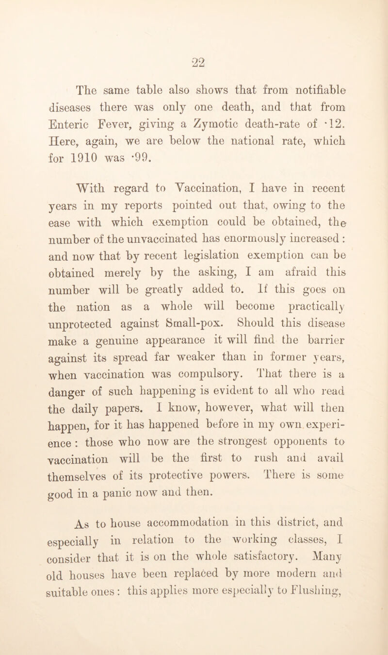 The same table also shows that from notifiable diseases there was only one death, and that from Enteric Fever, giving a Zymotic death-rate of -12. Here, again, we are below the national rate, which for 1910 was *99. With regard to Yaccination, I have in recent years in my reports pointed out that, owing to the ease with which exemption could be obtained, the number of the unvaccinated has enormously increased : and now that by recent legislation exemption can be obtained merely by the asking, I am afraid this number will be greatly added to. If this goes on the nation as a whole will become practically unprotected against Small-pox. Should this disease make a genuine appearance it will find the barrier against its spread far weaker than in former years, when vaccination was compulsory. That there is a danger of such happening is evident to all who read the daily papers. 1 know, however, what will then happen, for it has happened before in my own experi- ence : those who now are the strongest opponents to vaccination will be the first to rush and avail themselves of its protective powers. There is some good in a panic now and then. As to house accommodation in this district, and especially in relation to the working classes, I consider that it is on the whole satisfactory. Many old houses have been replaced by more modern and suitable ones : this applies more especially to Flushing,