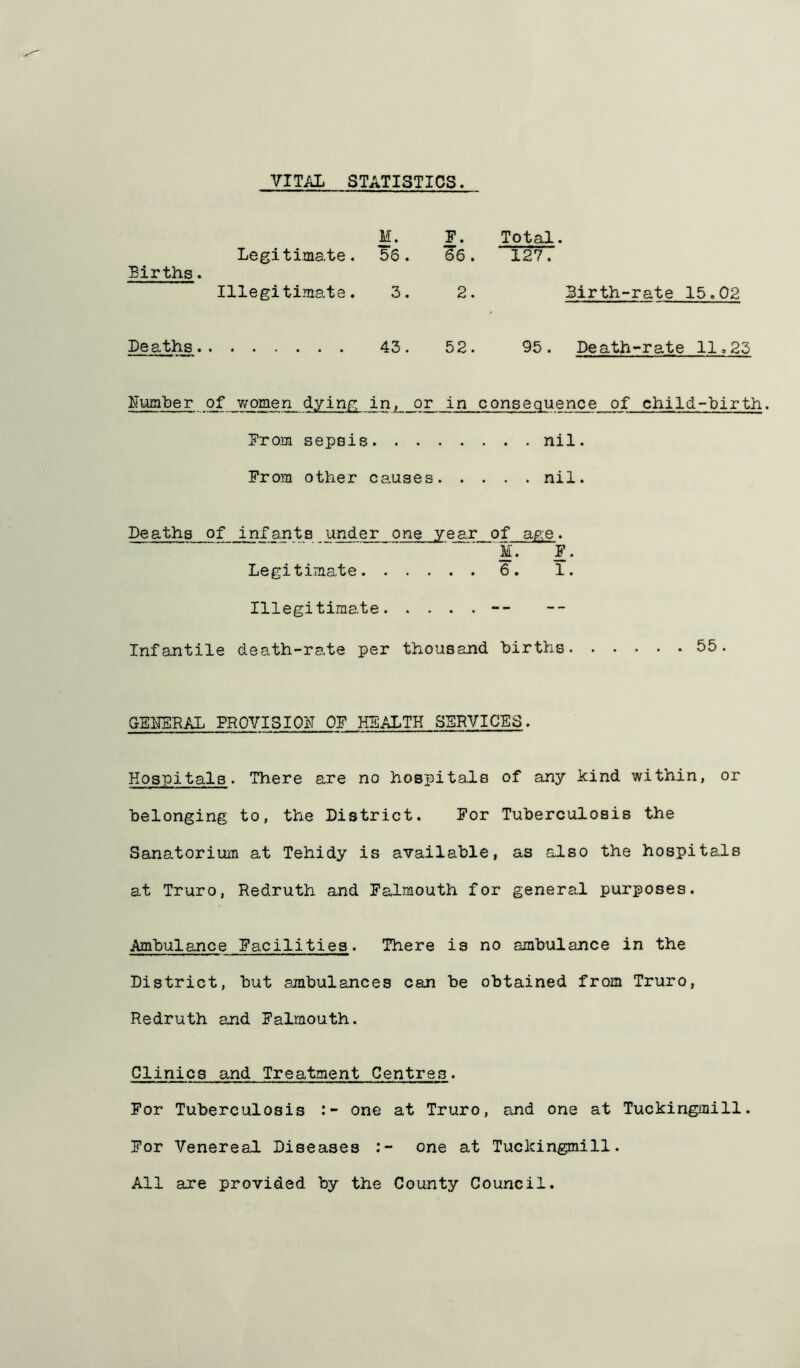 YITId. STATISTICS. Births. M. Legitimate. 56. Illegitimate. 3. F. Total. 66. 127. 2. Birth-rate 15.02 Deaths 43. 52. 95. Death-rate 11.23 Number of women dying in, or in consequence of child-birth. From sepsis nil. From other causes nil. Deaths of infants under one year of age. M. F. Legitimate 6. 1. Illegitimate -- Infantile death-rate per thousand births. GENERAL PROVISION OF HEALTH SERVICES. Hospitals. There are no hospitals of any kind within, or belonging to, the District. For Tuberculosis the Sanatorium at Tehidy is available, as also the hospitals at Truro, Redruth and Falmouth for general purposes. Ambulance Facilities. There is no ambulance in the District, but ambulances can be obtained from Truro, Redruth and Falmouth. Clinics and Treatment Centres. For Tuberculosis one at Truro, and one at Tuckingmill. For Venereal Diseases one at Tuckingmill. All are provided by the County Council.
