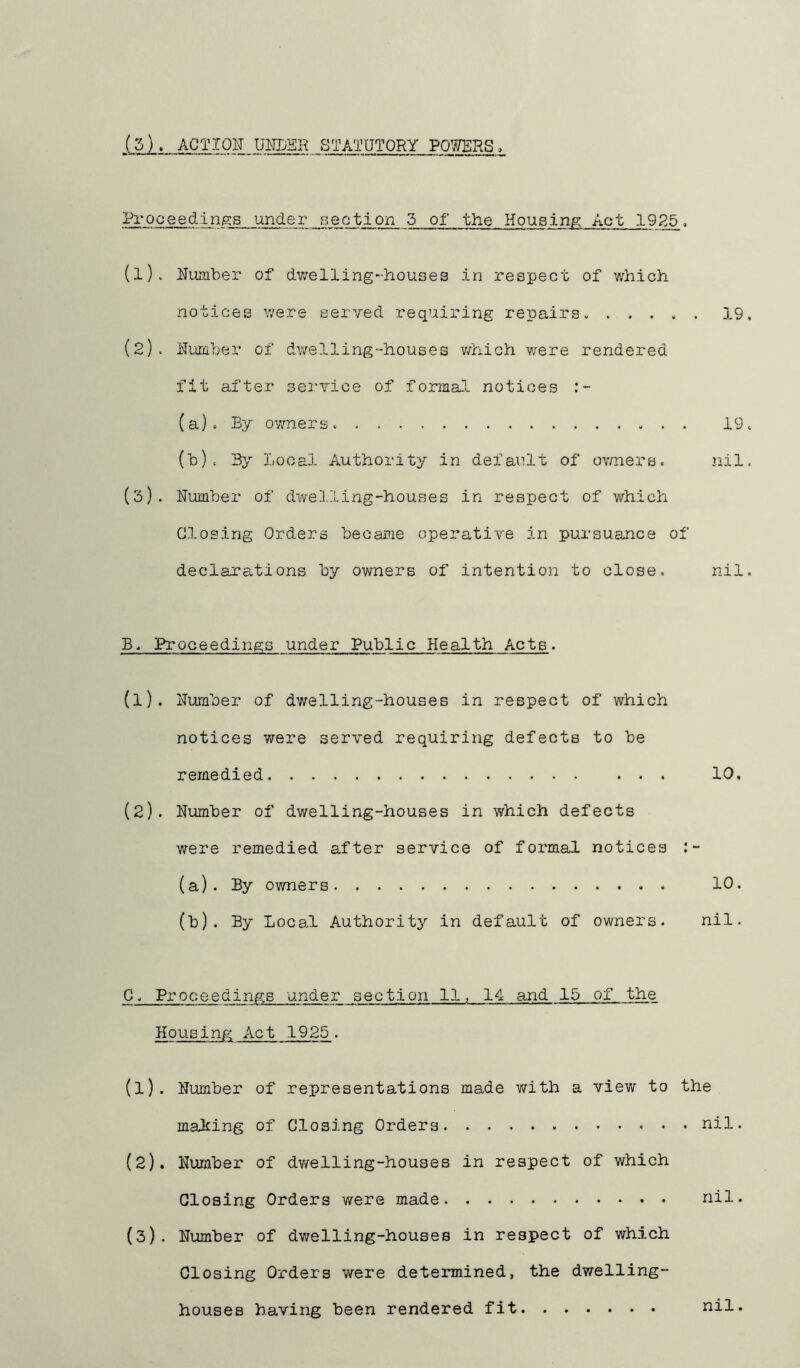 Proceedings under Bection 5 of the Housing Act 19S5. (1) . Niunber of dv/elling-houses in respect of v/hich notices were served requiring repairs 19. (2) . SuiffiLer of dwelling-houses v/hich v/ere rendered fit after service of formal notices (a)o By ovmers. 19. (h)c By Local Authority in default of owners. nil. (3) . Numher of dwelling-houses in respect of which Closing Orders heoairie operative in pursuance of declarations hy owners of intention to close, nil. B, Proceedings under Public Health Acts. (1) . iTumher of dwelling-houses in respect of which notices were served requiring defects to he remedied ... 10, (2) . Number of dwelling-houses in which defects were remedied after service of formal notices (a) . By owners 10. (b) . By Local Authority in default of owners. nil. C, Proceedings under section 11, 14 and 15 of the Housing Act 1925. (1) . Number of representations made v/ith a view to the maihing of Closing Orders nil. (2) . Number of dv/elling-houses in respect of which Closing Orders were made nil. (3) . Number of dwelling-houses in respect of which Closing Orders were determined, the dwelling- houses having been rendered fit nil.