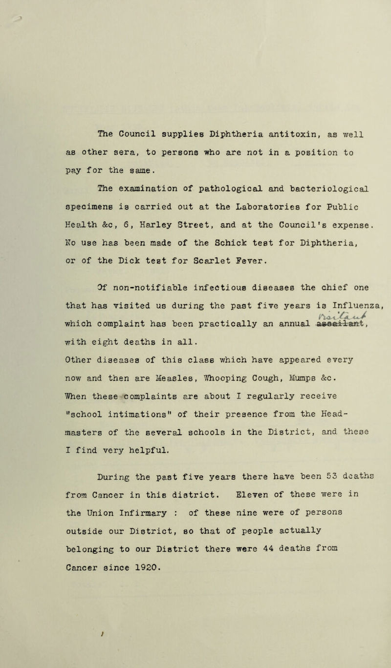 The Council supplies Diphtheria antitoxin, as well as other sera, to persons who are not in a position to pay for the same. The examination of pathological and bacteriological specimens is carried out at the Laboratories for Public Health &c, 6, Harley Street, and at the Council's expense. Ho use has been made of the Schick test for Diphtheria, or of the Dick test for Scarlet Fever. Of non-notifiable infectious diseases the chief one that has visited us during the past five years is Influenza, which complaint has been practically an annual a&aai-l-artt, with eight deaths in all. Other diseases of this class which have appeared every now and then are Measles, Whooping Cough, Mumps &c. Uhen these complaints are about I regularly receive school intimations of their presence from the Head- masters of the several schools in the District, and these I find very helpful. During the past five years there have been 53 deaths from Cancer in this district. Eleven of these were in the Union Infirmary : of these nine were of persons outside our District, so that of people actually belonging to our District there were 44 deaths from Cancer since 1920. j