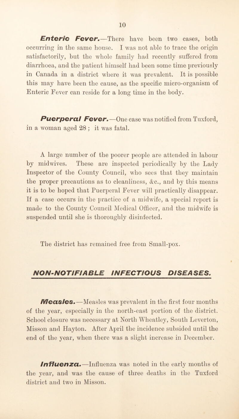 Enteric Fever.—There have been two cases, both occurring in the same house. I was not able to trace the origin satisfactorily, but the whole family had recently suffered from diarrhoea, and the patient himself had been some time previously in Canada in a district where it was prevalent. It is possible this may have been the cause, as the specific micro-organism of Enteric Fever can reside for a long time in the body. Puerperal Fever.—One case was notified from Tuxford, in a woman aged 28 ; it was fatal. A large number of the poorer people are attended in labour by midwives. These are inspected periodically by the Lady Inspector of the County Council, who sees that they maintain the proper precautions as to cleanliness, &c., and by this means it is to be hoped that Puerperal Fever will practically disappear. If a case occurs in the practice of a midwife, a special report is made to the County Council Medical Officer, and the midwife is suspended until she is thoroughly disinfected. The district has remained free from Small-pox. NON-NOTiFBABLE INFECTIOUS DISEASES. IWeasles.—Measles was prevalent in the first four months of the year, especially in the north-east portion of the district. School closure was necessary at North Wheatley, South Leverton, Misson and Hayton. After April the incidence subsided until the end of the year, when there was a slight increase in December. Influenza.—Influenza was noted in the early months of the year, and was the cause of three deaths in the Tuxford district and two in Misson.