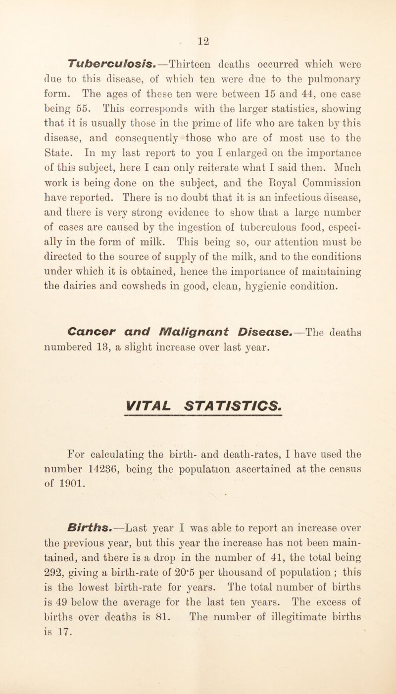 Tubercuiosis.—Thirteen deaths occurred which were due to this disease, of which ten were due to the pulmonary form. The ages of these ten were between 15 and 44, one case being 55. This corresponds with the larger statistics, showing that it is usually those in the prime of life who are taken by this disease, and consequently those who are of most use to the State. In my last report to you I enlarged on the importance of this subject, here I can only reiterate what I said then. Much work is being done on the subject, and the Eoyal Commission have reported. There is no doubt that it is an infectious disease, and there is very strong evidence to show that a large number of cases are caused by the ingestion of tuberculous food, especi- ally in the form of milk. This being so, our attention must be directed to the source of supply of the milk, and to the conditions under which it is obtained, hence the importance of maintaining the dairies and cowsheds in good, clean, hygienic condition. Cancer and IVIalignant Disease,—The deaths numbered 13, a slight increase over last year. VITAL STATISTICS, For calculating the birth- and death-rates, I have used the number 14236, being the population ascertained at the census of 1901. Births.—Last year I was able to report an increase over the previous year, but this year the increase has not been main- tained, and there is a drop in the number of 41, the total being 292, giving a birth-rate of 20*5 per thousand of population ; this is the lowest birth-rate for years. The total number of births is 49 below the average for the last ten years. The excess of births over deaths is 81. The number of illegitimate births is 17.