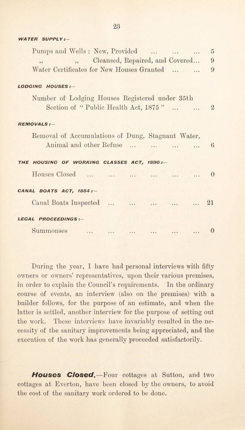 WATER SUPPLY:— Pumps and Wells : New, Provided ... ... ... 5 ,, ,, Cleansed, Kepaired, and Covered... 9 Water Certificates for New Houses Granted ... ... 9 LODGING HOUSES:— Number of Lodging Houses Registered under 35th Section of “ Public Health Act, 1875 ” ... ... 2 REMOVALS :— Removal of Accumulations of Hung, Stagnant Water, Animal and other Refuse ... ... ... ... 6 THE HOUSING OF WORKING CLASSES ACT, 1890:— Houses Closed ... ... ... ... ... ... 0 CANAL BOATS ACT, 1884:— Canal Boats Inspected ... ... ... ... ... 21 LEGAL PROCEEDINGS :— Summonses ... ... ... ... ... ... 0 During the year, I have had personal interviews with fifty owners or owners’ representatives, upon their various premises, in order to explain the Council’s requirements. In the ordinary course of events, an interview (also on the premises) with a builder follows, for the purpose of an estimate, and when the latter is settled, another interview for the purpose of setting out the work. These interviews have invariably resulted in the ne- cessity of the sanitary improvements being appreciated, and the execution of the work has generally proceeded satisfactorily. Houses Ciosect,—Four cottages at Sutton, and two cottages at Everton, have been closed by the owners, to avoid the cost of the sanitary work ordered to be done.