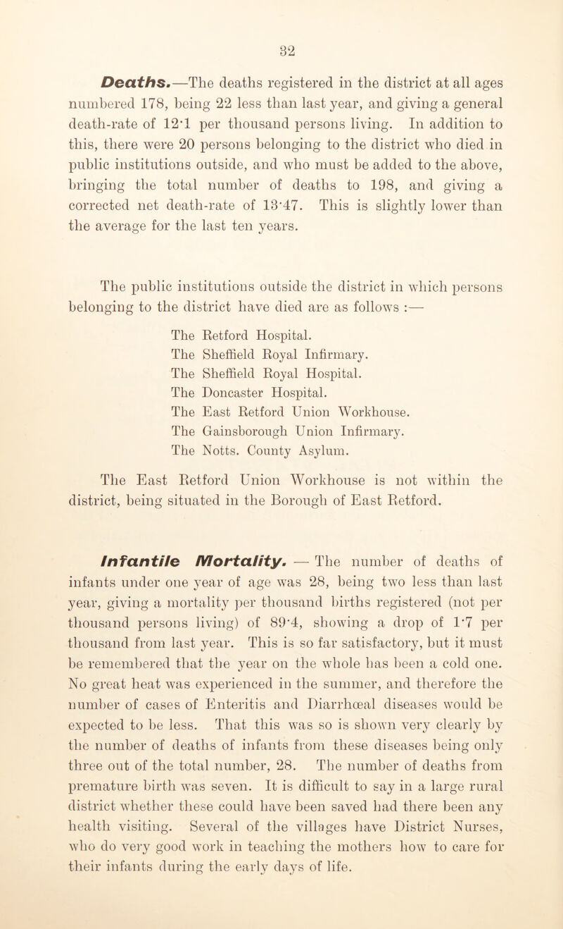 Deaths.—The deaths registered in the district at all ages numbered 178, being 22 less than last year, and giving a general death-rate of 12*1 per thousand persons living. In addition to this, there were 20 persons belonging to the district who died in public institutions outside, and who must be added to the above, bringing the total number of deaths to 198, and giving a corrected net death-rate of 13*47. This is slightly lower than the average for the last ten years. The public institutions outside the district in which persons belonging to the district have died are as follows :— The Retford Hospital. The Sheffield Royal Infirmary. The Sheffield Royal Hospital. The Doncaster Hospital. The East Retford Union Workhouse. The Gainsborough Union Infirmary. The Notts. County Asylum. The East Retford Union Workhouse is not within the district, being situated in the Borough of East Retford. Infantile Mortality. — The number of deaths of infants under one year of age was 28, being two less than last year, giving a mortality per thousand births registered (not per thousand persons living) of 89*4, showing a drop of 1*7 per thousand from last year. This is so far satisfactory, hut it must be remembered that the year on the whole has been a cold one. No great heat was experienced in the summer, and therefore the number of cases of Enteritis and Diarrhoeal diseases would be expected to be less. That this was so is shown very clearly by the number of deaths of infants from these diseases being only three out of the total number, 28. The number of deaths from premature birth was seven. It is difficult to say in a large rural district whether these could have been saved had there been any health visiting. Several of the villages have District Nurses, who do very good work in teaching the mothers how to care for their infants during the early days of life.