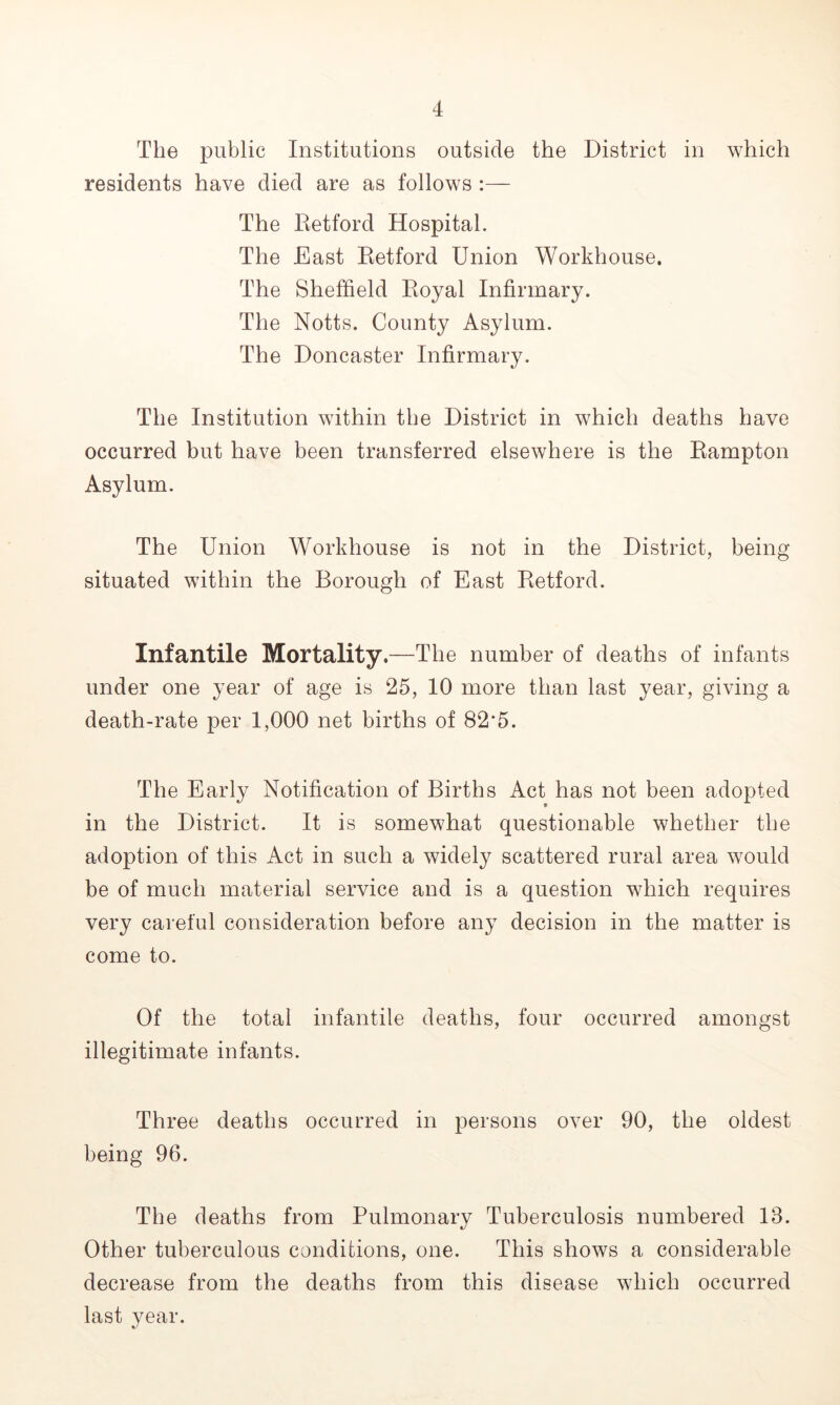 The public Institutions outside the District in which residents have died are as follows :— The Retford Hospital. The East Retford Union Workhouse. The Sheffield Royal Infirmary. The Notts. County Asylum. The Doncaster Infirmary. The Institution within the District in which deaths have occurred but have been transferred elsewhere is the Rampton Asylum. The Union Workhouse is not in the District, being situated within the Borough of East Retford. Infantile Mortality.—The number of deaths of infants under one year of age is 25, 10 more than last year, giving a death-rate per 1,000 net births of 82*5. The Early Notification of Births Act has not been adopted in the District. It is somewhat questionable whether the adoption of this Act in such a widely scattered rural area would be of much material service and is a question which requires very careful consideration before any decision in the matter is come to. Of the total infantile deaths, four occurred amongst illegitimate infants. Three deaths occurred in persons over 90, the oldest being 96. The deaths from Pulmonary Tuberculosis numbered 13. Other tuberculous conditions, one. This shows a considerable decrease from the deaths from this disease which occurred last year.