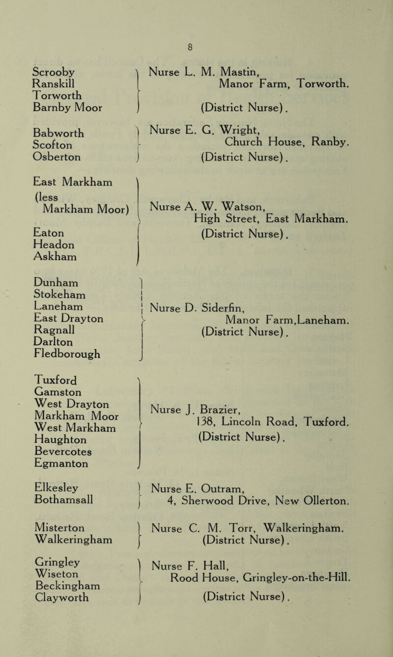 Scrooby Ranskill Torworth Barnby Moor Nurse L. M. Mastin, Manor Farm, Torworth. (District Nurse). Bab worth ) Nurse E. G. Wright, Scofton Church House, Kanby. Osberton ) (District Nurse). East Markham (less Markham Moor) Eaton Headon Askham Nurse A. W. Watson, High Street, East Markham. (District Nurse). Dunham Stokeham Laneham East Drayton Ragnall Darlton Fledborough 1 i i | Nurse D. Siderfin, >■ Manor Farm,Laneham. (District Nurse). Tuxford Gamston West Drayton Markham Moor West Markham Haughton Bevercotes Egmanton Nurse J. Brazier, 138, Lincoln Road, Tuxford. (District Nurse). Elkesley ] Nurse E. Outram, Bothamsall j 4, Sherwood Drive, New Ollerton. Misterton Walkeringham Nurse C. M. Torr, Walkeringham. (District Nurse). Gringley Wiseton Beckingham Clayworth Nurse F. Hall, Rood House, Gringley-on-the-Hill. (District Nurse).