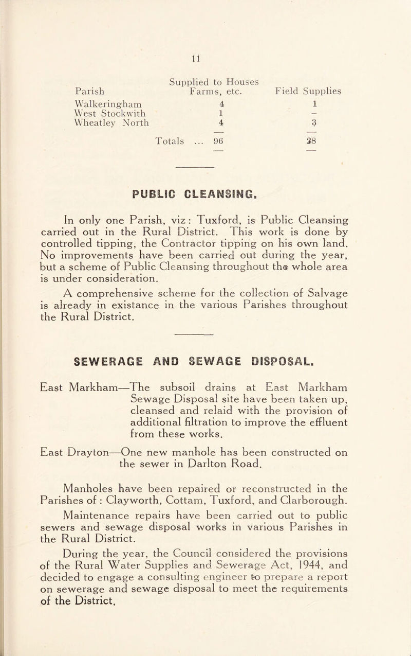 Parish Walkeringham West Stockwith Wheatley North Supplied to Houses Farms, etc. 4 1 4 Field Supplies 1 3 Totals ... 96 28 PUBLIC CLEANSING. In only one Parish, viz : Tuxford, is Public Cleansing carried out in the Rural District. This work is done by controlled tipping, the Contractor tipping on his own land. No improvements have been carried out during the year, but a scheme of Public Cleansing throughout th@ whole area is under consideration. A comprehensive scheme for the collection of Salvage is already in existance in the various Parishes throughout the Rural District. SEWERAGE AND SEWAGE DISPOSAL. East Markham—The subsoil drains at East Markham Sewage Disposal site have been taken up, cleansed and relaid with the provision of additional filtration to improve the effluent from these works. East Drayton—One new manhole has been constructed on the sewer in Darken Road. Manholes have been repaired or reconstructed in the Parishes of : Clayworth, Cottam, Tuxford, and Clarborough. Maintenance repairs have been carried out to public sewers and sewage disposal works in various Parishes in the Rural District. During the year, the Council considered the provisions of the Rural Water Supplies and Sewerage Act, 1944, and decided to engage a consulting engineer to prepare a report on sewerage and sewage disposal to meet the requirements of the District,