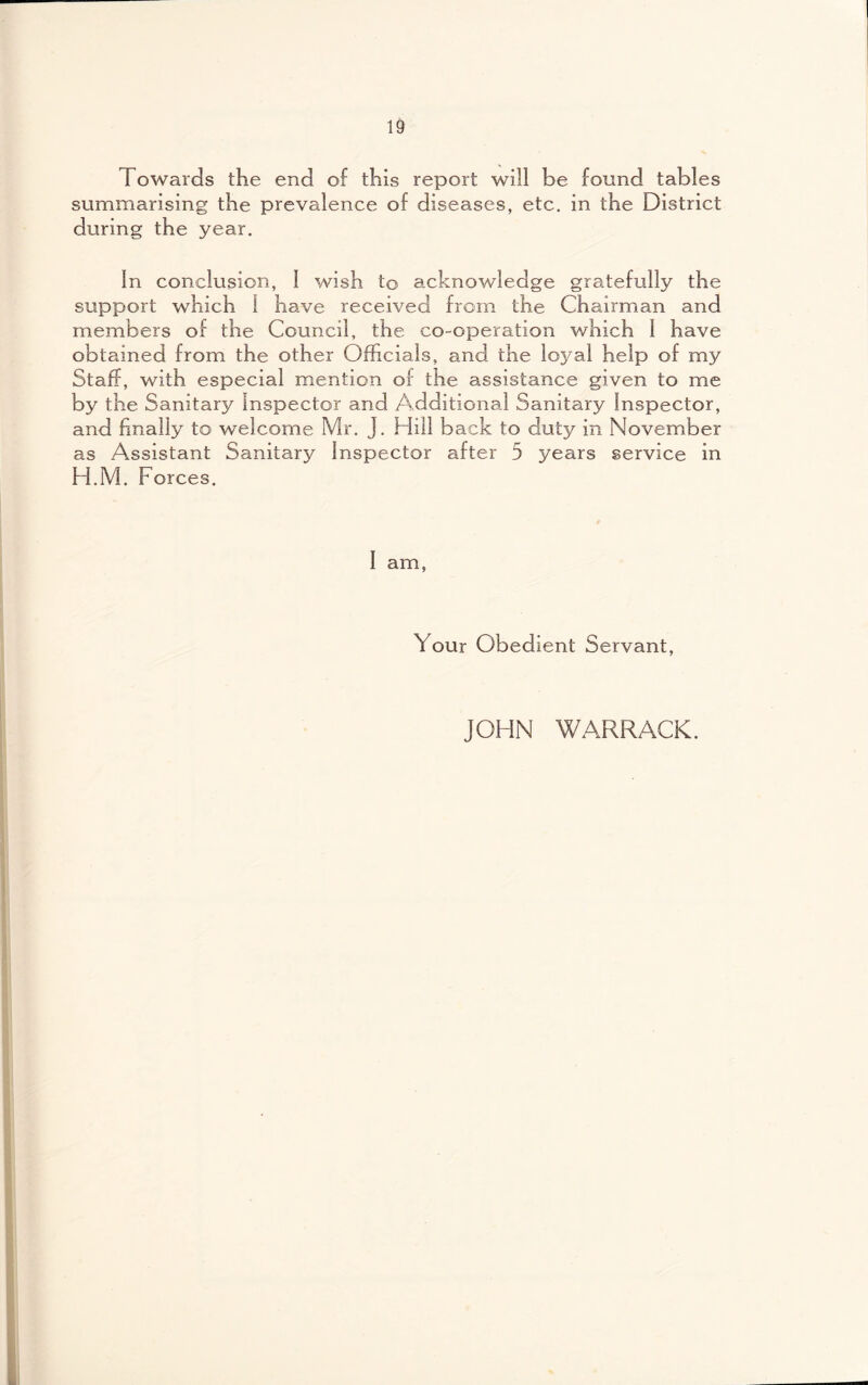 Towards the end of this report will be found tables summarising the prevalence of diseases, etc. in the District during the year. In conclusion, I wish to acknowledge gratefully the support which 1 have received from the Chairman and members of the Council, the co-operation which I have obtained from the other Officials, and the loyal help of my Staff, with especial mention of the assistance given to me by the Sanitary Inspector and Additional Sanitary Inspector, and finally to welcome Mr. J. Hill back to duty in November as Assistant Sanitary Inspector after 5 years service in H.M. Forces. Your Obedient Servant, JOHN WARRACK.