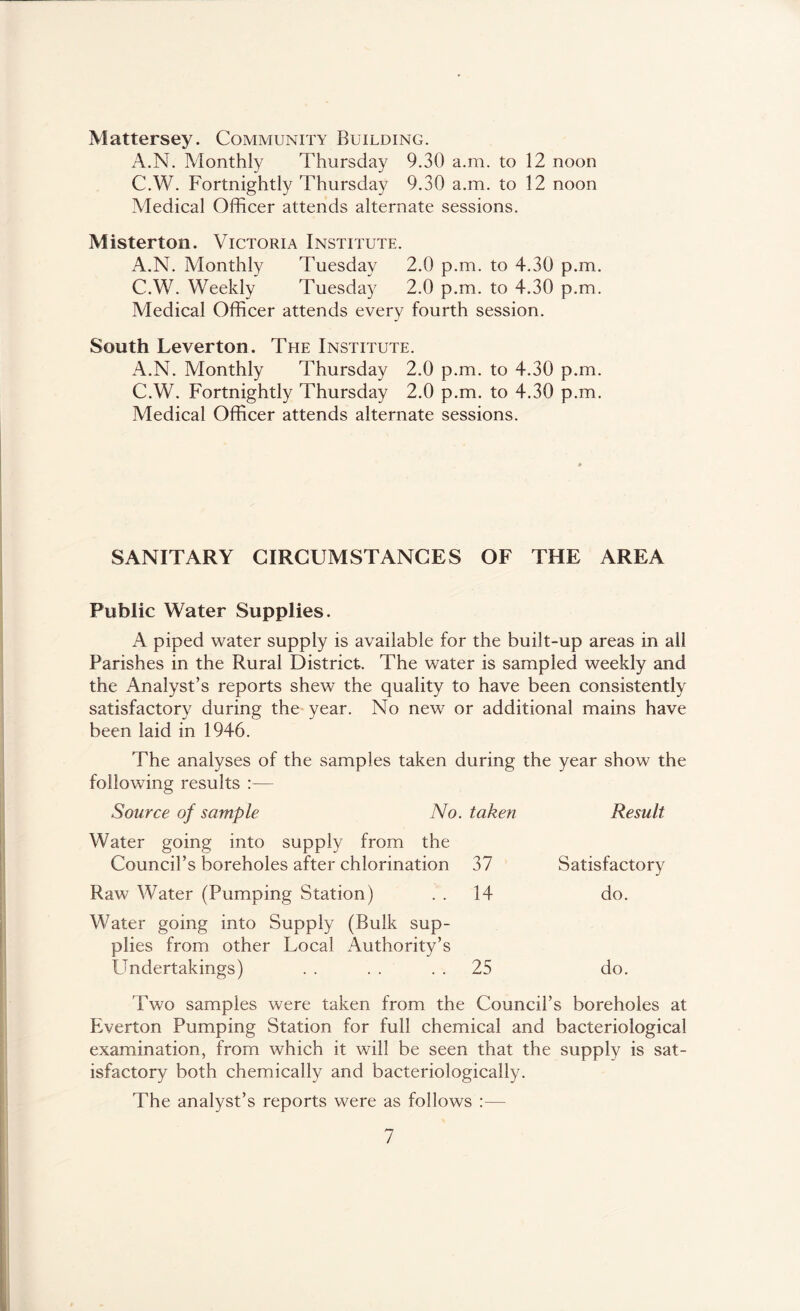Mattersey. Community Building. A.N. Monthly Thursday 9.30 a.m. to 12 noon C.W. Fortnightly Thursday 9.30 a.m. to 12 noon Medical Officer attends alternate sessions. Misterton. Victoria Institute. x\.N. Monthly Tuesday 2.0 p.m. to 4.30 p.m. C.W. Weekly Tuesday 2.0 p.m. to 4.30 p.m. Medical Officer attends every fourth session. South Leverton. The Institute. A.N. Monthly Thursday 2.0 p.m. to 4.30 p.m. C.W. Fortnightly Thursday 2.0 p.m. to 4.30 p.m. Medical Officer attends alternate sessions. SANITARY CIRCUMSTANCES OF THE AREA Public Water Supplies. A piped water supply is available for the built-up areas in all Parishes in the Rural District. The water is sampled weekly and the Analyst’s reports shew the quality to have been consistently satisfactory during the-year. No new or additional mains have been laid in 1946. The analyses of the samples taken during the year show the following results :— Source of sample No. taken Result Water going into supply from the Council’s boreholes after chlorination Raw Water (Pumping Station) Water going into Supply (Bulk sup- plies from other Local Authority’s Undertakings) 37 Satisfactory 14 do. 25 do. Two samples were taken from the Council’s boreholes at Everton Pumping Station for full chemical and bacteriological examination, from which it will be seen that the supply is sat- isfactory both chemically and bacteriologically. The analyst’s reports were as follows :—