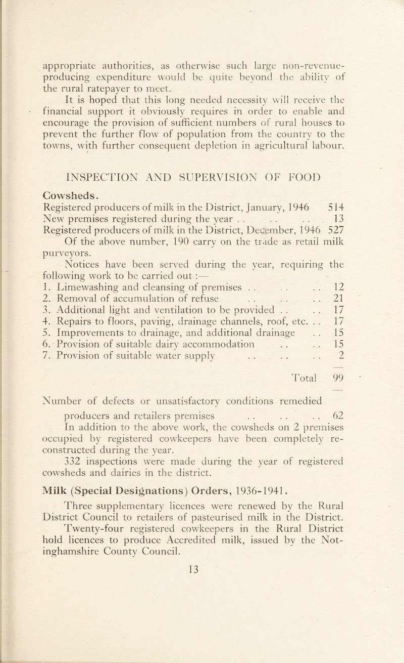 appropriate authorities, as otherwise such large non-revenue- producing expenditure would be e|uite beyond tlie ability of the rural ratepayer to meet. It is hoped that this long needed necessity will receive the financial support it obviously requires in order to enable and encourage the provision of sufficient numbers of rural houses to prevent the further flow of population from the country to the towns, with further consequent depletion in agricultural labour. INSPECTION AND SETPERVISION OF FOOD Cowsheds. Registered producers of milk in the District, January, 1946 514 New premises registered during the year . . . . . . 13 Registered producers of milk in the District, December, 1946 527 Of the above number, 190 carry on the trade as retail milk purveyors. Notices have been served during the year, requiring the following work to be carried out :— 1. Limewashing and cleansing of premises . . . . . . 12 2. Removal of accumulation of refuse . . . . . . 21 3. Additional light and ventilation to be provided . . . . 17 4. Repairs to floors, paviiig, drainage channels, roof, etc. . . 17 5. Improvements to drainage, and additional drainage . . 15 6. Provision of suitable dairy accommodation . . . . 15 7. Provision of suitable water supply . . . . . . 2 Total 99 Number of defects or unsatisfactory conditions remedied producers and retailers premises . . . . . . 62 In addition to the above work, the cowsheds on 2 premises occupied by registered cowkeepers have been completely re- constructed during the year. 332 inspections were made during the year of registered cowsheds and dairies in the district. Milk (Special Designations) Orders, 1936-1941. Three supplementary licences were renewed by the Rural District Council to retailers of pasteurised milk in the District. Twenty-four registered cowkeepers in the Rural District hold licences to produce Accredited milk, issued by the Not- inghamshire County Council.