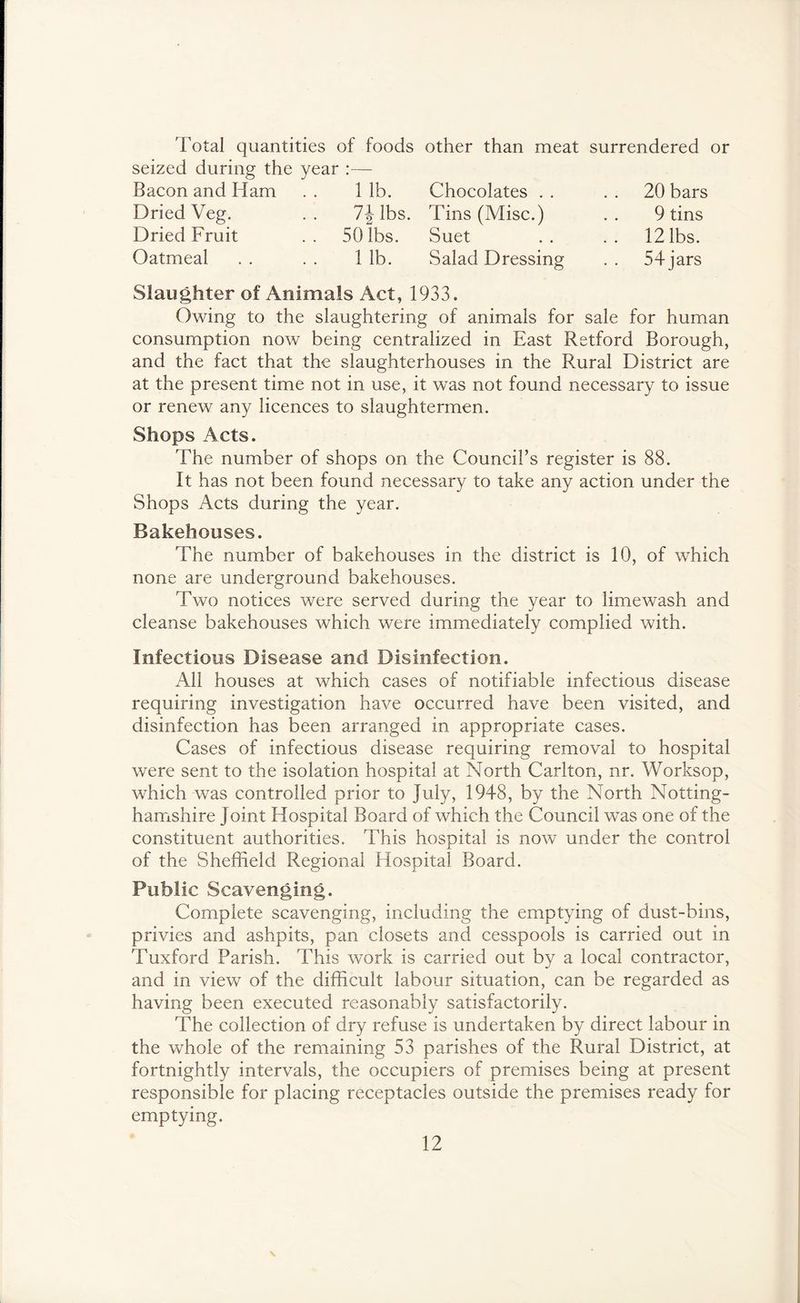 Total quantities of foods other than meat surrendered or seized during the year : Bacon and Ham Dried Veg. Dried Fruit . . 5 Oatmeal lbs. Tins (Misc.) 50 lbs. Suet 1 lb. Salad Dressing 1 lb. Chocolates . 20 bars 9 tins 12 lbs. 54 jars Slaughter of Animals Act, 1933. Owing to the slaughtering of animals for sale for human consumption now being centralized in East Retford Borough, and the fact that the slaughterhouses in the Rural District are at the present time not in use, it was not found necessary to issue or renew any licences to slaughtermen. Shops Acts. The number of shops on the Council’s register is 88. It has not been found necessary to take any action under the Shops Acts during the year. Bakehouses. The number of bakehouses in the district is 10, of which none are underground bakehouses. Two notices were served during the year to lime wash and cleanse bakehouses which were immediately complied with. Infectious Disease and Disinfection. All houses at which cases of notifiable infectious disease requiring investigation have occurred have been visited, and disinfection has been arranged in appropriate cases. Cases of infectious disease requiring removal to hospital were sent to the isolation hospital at North Carlton, nr. Worksop, which was controlled prior to July, 1948, by the North Notting- hamshire Joint Hospital Board of which the Council was one of the constituent authorities. This hospital is now under the control of the Sheffield Regional Hospital Board. Public Scavenging. Complete scavenging, including the emptying of dust-bins, privies and ashpits, pan closets and cesspools is carried out in Tuxford Parish. This work is carried out by a local contractor, and in view of the difficult labour situation, can be regarded as having been executed reasonably satisfactorily. The collection of dry refuse is undertaken by direct labour in the whole of the remaining 53 parishes of the Rural District, at fortnightly intervals, the occupiers of premises being at present responsible for placing receptacles outside the premises ready for emptying.