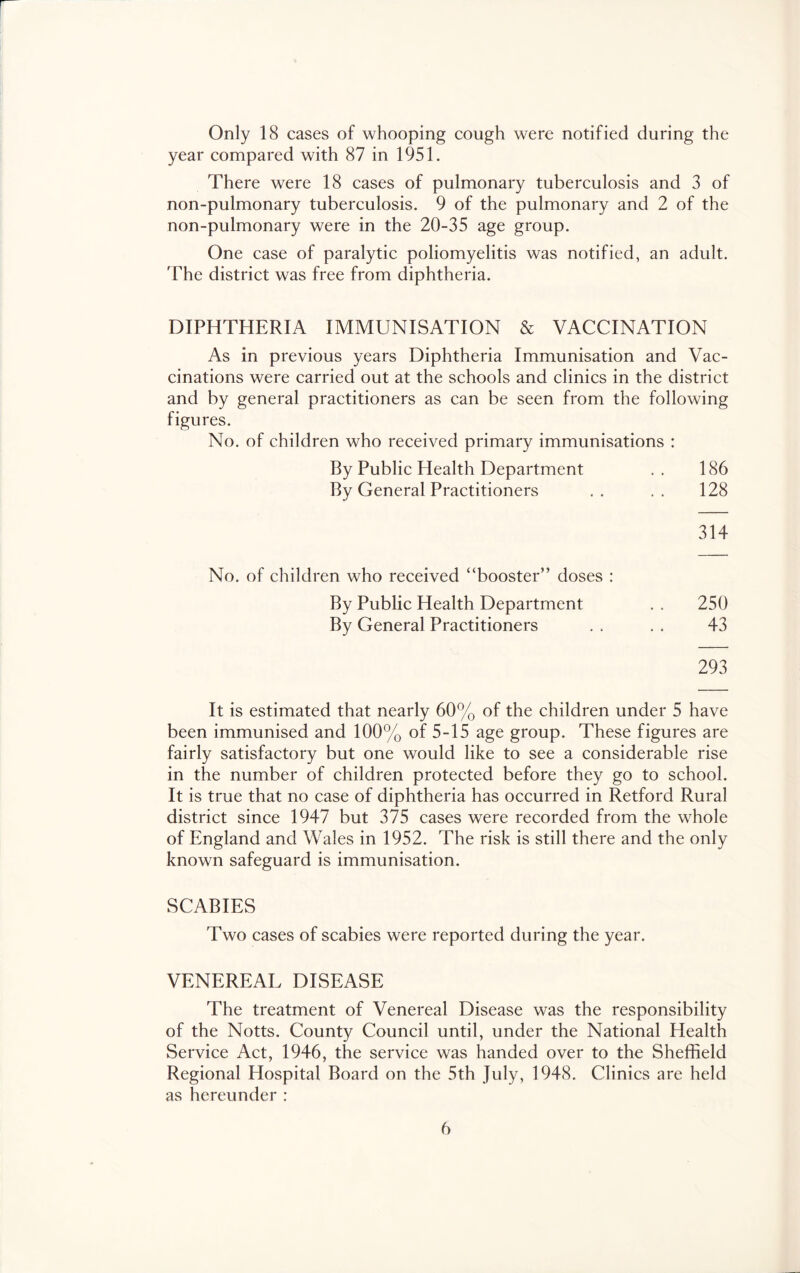 Only 18 cases of whooping cough were notified during the year compared with 87 in 1951. There were 18 cases of pulmonary tuberculosis and 3 of non-pulmonary tuberculosis. 9 of the pulmonary and 2 of the non-pulmonary were in the 20-35 age group. One case of paralytic poliomyelitis was notified, an adult. The district was free from diphtheria. DIPHTHERIA IMMUNISATION & VACCINATION As in previous years Diphtheria Immunisation and Vac- cinations were carried out at the schools and clinics in the district and by general practitioners as can be seen from the following figures. No. of children who received primary immunisations : By Public Health Department .. 186 By General Practitioners .. .. 128 314 No. of children who received “booster” doses : By Public Health Department . . 250 By General Practitioners . . . . 43 293 It is estimated that nearly 60% of the children under 5 have been immunised and 100% of 5-15 age group. These figures are fairly satisfactory but one would like to see a considerable rise in the number of children protected before they go to school. It is true that no case of diphtheria has occurred in Retford Rural district since 1947 but 375 cases were recorded from the whole of England and Wales in 1952. The risk is still there and the only known safeguard is immunisation. SCABIES Two cases of scabies were reported during the year. VENEREAL DISEASE The treatment of Venereal Disease was the responsibility of the Notts. County Council until, under the National Health Service Act, 1946, the service was handed over to the Sheffield Regional Hospital Board on the 5th July, 1948. Clinics are held as hereunder :