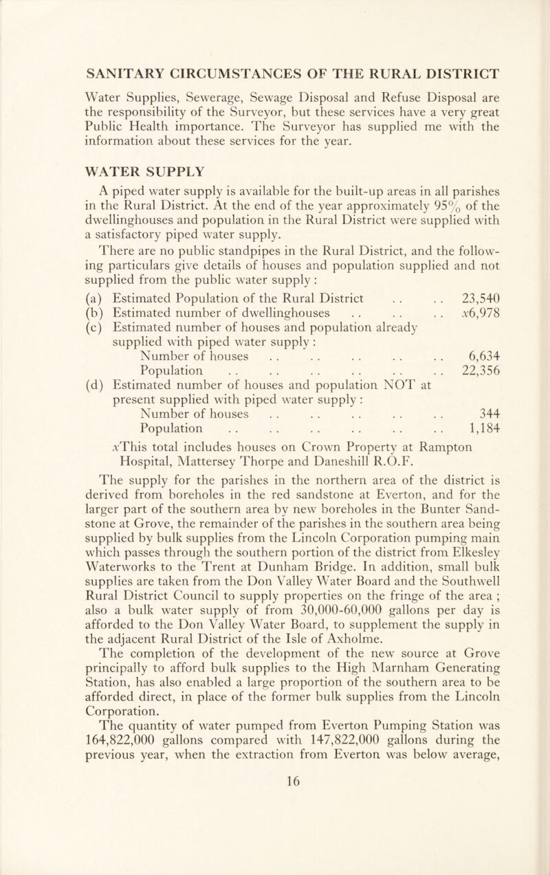 SANITARY CIRCUMSTANCES OF THE RURAL DISTRICT Water Supplies, Sewerage, Sewage Disposal and Refuse Disposal are the responsibility of the Surveyor, but these services have a very great Public Health importance. The Surveyor has supplied me with the information about these services for the year. WATER SUPPLY A piped water supply is available for the built-up areas in all parishes in the Rural District. At the end of the year approximately 95% of the dwellinghouses and population in the Rural District were supplied with a satisfactory piped water supply. There are no public standpipes in the Rural District, and the follow- ing particulars give details of houses and population supplied and not supplied from the public water supply: (a) Estimated Population of the Rural District . . . . 23,540 (b) Estimated number of dwellinghouses . . . . . . v6,978 (c) Estimated number of houses and population already supplied with piped water supply : Number of houses . . . . . . . . . . 6,634 Population . . . . . . . . . . . . 22,356 (d) PNtimated number of houses and population NOT at present supplied with piped water supply: Number of houses . . . . . . . . . . 344 Population . . . . . . . . . . , . 1,184 vThis total includes houses on Crown Property at Rampton Hospital, Mattersey Thorpe and Daneshill R.O.E. The supply for the parishes in the northern area of the district is derived from boreholes in the red sandstone at Everton, and for the larger part of the southern area by new boreholes in the Bunter Sand- stone at Grove, the remainder of the parishes in the southern area being supplied by bulk supplies from the Lincoln Corporation pumping main which passes through the southern portion of the district from Elkesley Waterworks to the Trent at Dunham Bridge. In addition, small bulk supplies are taken from the Don Valley Water Board and the Southwell Rural District Council to supply properties on the fringe of the area ; also a bulk water supply of from 30,000-60,000 gallons per day is afforded to the Don Valley Water Board, to supplement the supply in the adjacent Rural District of the Isle of Axholme. The completion of the development of the new source at Grove principally to afford bulk supplies to the High Marnham Generating Station, has also enabled a large proportion of the southern area to be afforded direct, in place of the former bulk supplies from the Lincoln Corporation. The quantity of water pumped from Everton Pumping Station was 164,822,000 gallons compared with 147,822,000 gallons during the previous year, when the extraction from Everton was below average.