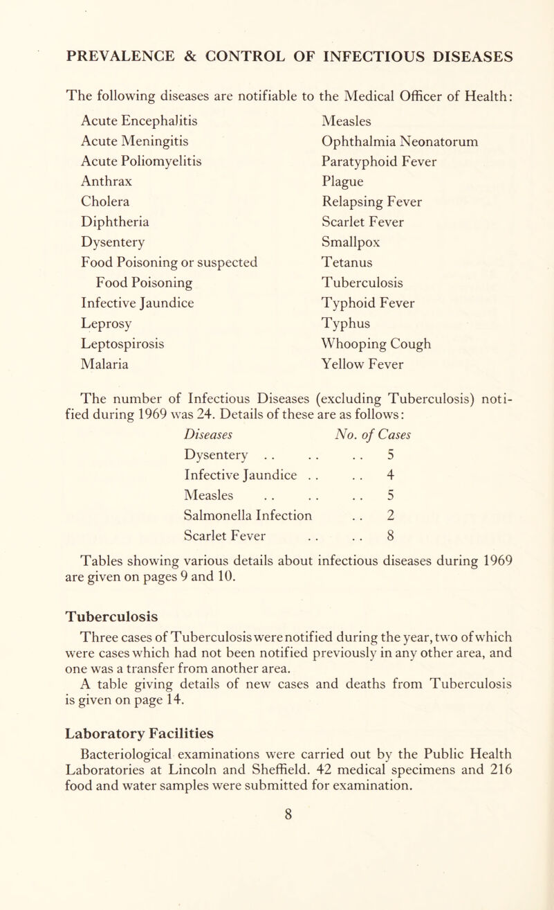 PREVALENCE & CONTROL OF INFECTIOUS DISEASES The following diseases are notifiable to the Medical Officer of Health: Acute Encephalitis Acute Meningitis Acute Poliomyelitis Anthrax Cholera Diphtheria Dysentery Food Poisoning or suspected Food Poisoning Infective Jaundice Leprosy Leptospirosis Malaria Measles Ophthalmia Neonatorum Paratyphoid Fever Plague Relapsing Fever Scarlet Fever Smallpox Tetanus Tuberculosis Typhoid Fever Typhus Whooping Cough Yellow Fever The number of Infectious Diseases (excluding Tuberculosis) noti- fied during 1969 was 24. Details of these are as follows: Diseases No. of Cases Dysentery . . . . . . 5 Infective Jaundice . Measles Salmonella Infection Scarlet Fever 4 5 2 8 Tables showing various details about infectious diseases during 1969 are given on pages 9 and 10. Tuberculosis Three cases of T uberculosis were notified during the year, two of which were cases which had not been notified previously in any other area, and one was a transfer from another area. A table giving details of new cases and deaths from Tuberculosis is given on page 14. Laboratory Facilities Bacteriological examinations were carried out by the Public Health Laboratories at Lincoln and Sheffield. 42 medical specimens and 216 food and water samples were submitted for examination.