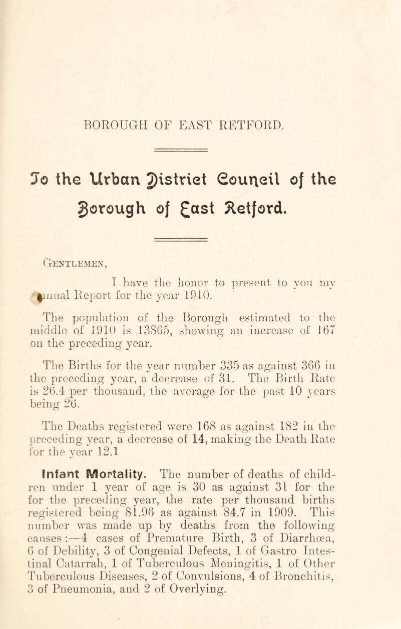 BOROUGH OF EAST RETFORD. Jo ths Urban 2)istriet (Eourieil of the ^orough of ^ast 5letford. Gentlemen, J have the honor to in'esent to you my Report for the year 1010. The population of the Borough estimated to the middle of 1910 is 13S65, showing an increase ol 167 on the preceding year. The Births for the year number 335 as against 36G in the preceding year, a decrease of 31. The Birth Rate is 25.4 per thousand, tlie average for the past 10 years being 25. The Deaths registered were 168 as against 182 in the O O preceding year, a decrease of 14, making the Death Rate for the year 12.1 Infant Mortality. The number of deaths of child- ren under 1 year of age is 30 as against 31 for the for the jDreceding year, the rate per thousand births registered being 81.05 as against 84.7 in 1009. This number was made up by deaths from the following causes :—4 cases of Premature Birth, 3 of Diarrhoea, 5 of Debility, 3 of Congenial Defects, 1 of Gastro Intes- tinal Catarrah, 1 of Tuberculous Meningitis, 1 of Other Tuberculous Diseases, 2 of Conyulsions, 4 of Bronchitis,