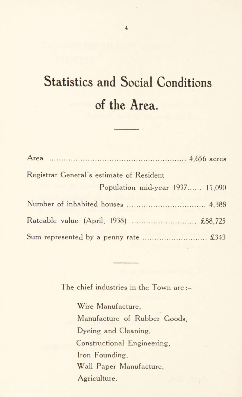 Statistics and Social Conditions of the Area. Area 4,656 acres Registrar General’s estimate of Resident Population mid-year 1937 15,093 Number of inhabited houses 4,388 Rateable value (April, 1938) £88,725 Sum represented by a penny rate £343 The chief industries in the Town are Wire Manufacture, Manufacture of Rubber Goods, Dyeing and Cleaning, Constructional Engineering, Iron Founding, Wall Paper Manufacture, Agriculture.