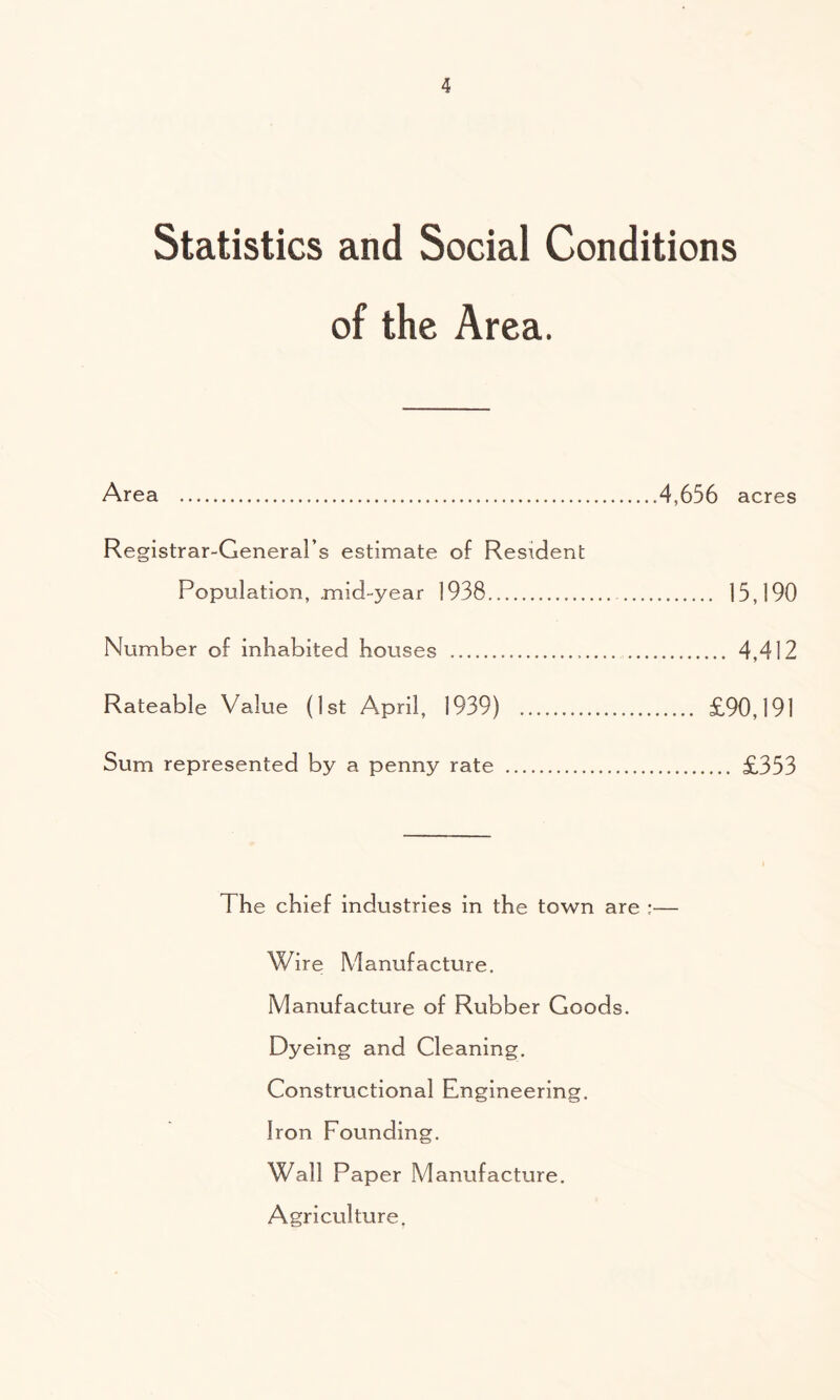 Statistics and Social Conditions of the Area. Area 4,656 acres Registrar-General’s estimate of Resident Population, mid-year 1938 15,190 Number of inhabited houses 4,412 Rateable Value (1st April, 1939) £90,191 Sum represented by a penny rate £353 The chief industries in the town are :— Wire Manufacture. Manufacture of Rubber Goods. Dyeing and Cleaning. Constructional Engineering. Iron Founding. Wall Paper Manufacture. Agriculture.