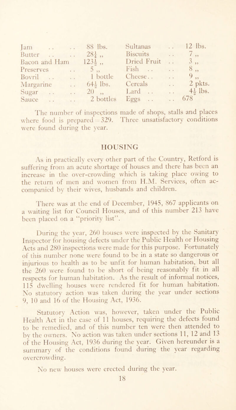 jam Butter Bacon and I lam Preserves Bovril 88 lbs. Sultanas 28j ,, Biscuits 123h ,, Dried B'ruit 5 ,, Fish 1 bottle Cheese. . 64i lbs. Cereals 20 ,, Lard . . 2 bottles Fggs 12 lbs. 7 „ 3 „ 8 „ Margarine Sugar Sauce 2 pkts. 4| lbs. 678 4'he number of inspections made of shops, stalls and places where food is prepared - 329. 4'hree unsatisfactory conditions were found during the year. HOUSING As in practically every other part of the Country, Retford is suffering from an acute shortage of houses and there has been an increase in the over-crowding which is taking place owing to the return of men and women from H.M. Services, often ac- companied by their wives, husbands and children. 'There was at the end of December, 1945, 867 applicants on a waiting list for Council Houses, and of this number 213 have been placed on a “priority list”. During the year, 260 houses were inspected by the Sanitary Inspector for housing defects under the Public Health or Housing Acts and 280 inspections were made for this purpose. Fortunately of this number none were found to be in a state so dangerous or injurious to health as to be unfit for human habitation, but all the 260 were found to be short of being reasonably fit in all respects for human habitation. As the result of informal notices, 115 dwelling houses were rendered fit for human habitation. No statutory action was taken during the year under sections 9, 10 and 16 of the Housing Act, 1936. Statutory Action was, however, taken under the Public Health Act in the case of 11 houses, requiring the defects found to be remedied, and of this number ten were then attended to by the owners. No action was taken under sections 11, 12 and 13 of the Housing Act, 1936 during the year. Given hereunder is a summary of the conditions found during the year regarding overcrowding. No new houses were erected during the year.