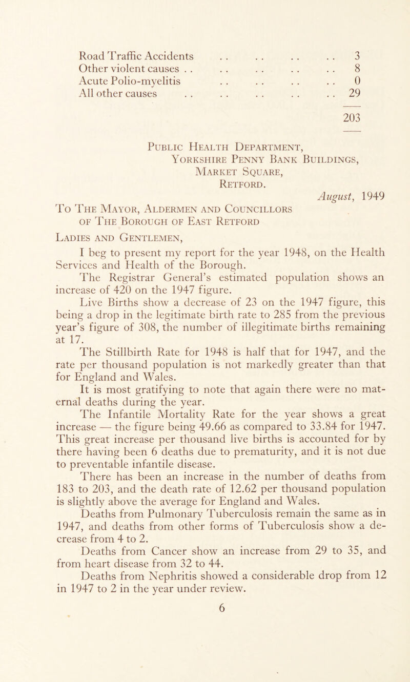 Road Traffic Accidents Other violent causes . . Acute Polio-myelitis All other causes 3 8 0 29 203 Public Health Department, Yorkshire Penny Bank Buildings, Market Square, Reteord. August, 1949 To 'Phe Mayor, Aldermen and Councillors OF The Borough of East Retford Ladies and Gentlemen, I beg to present my report for the year 1948, on the Health Services and Health of the Borough. The Registrar General’s estimated population shows an increase of 420 on the 1947 figure. Live Births show a decrease of 23 on the 1947 figure, this being a drop in the legitimate birth rate to 285 from the previous year’s figure of 308, the number of illegitimate births remaining at 17. The Stillbirth Rate for 1948 is half that for 1947, and the rate per thousand population is not markedly greater than that for England and Wales. It is most gratifying to note that again there were no mat- ernal deaths during the year. The Infantile Mortality Rate for the year shows a great increase — the figure being 49.66 as compared to 33.84 for 1947. This great increase per thousand live births is accounted for by there having been 6 deaths due to prematurity, and it is not due to preventable infantile disease. There has been an increase in the number of deaths from 183 to 203, and the death rate of 12.62 per thousand population is slightly above the average for England and Wales. Deaths from Pulmonary Tuberculosis remain the same as in 1947, and deaths from other forms of Tuberculosis show a de- crease from 4 to 2. Deaths from Cancer show an increase from 29 to 35, and from heart disease from 32 to 44. Deaths from Nephritis showed a considerable drop from 12 in 1947 to 2 in the year under review.