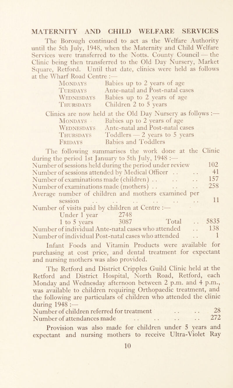 MATERNITY AND CHILD WELFARE SERVICES The Borough continued to act as the Welfare Authority until the 5th July, 1948, when the Maternity and Child Welfare Services were transferred to the Notts. County Council — the Clinic being then transferred to the Old Day Nursery, Market Square, Retford. Until that date, clinics were held as follows at the Wharf Road Centre :— Mondays Tuesday's Wednesdays ddlURSDAYS Babies up to 2 years of age Ante-natal and Post-natal cases Babies up to 2 years of age Children 2 to 5 years Clinics are now held at the Old Day Nursery as follows :— Mondays Babies up to 2 years of age Wednesdays Ante-natal and Post-natal cases Thursdays Toddlers — 2 years to 5 years Fridays Babies and d’oddlers 'Phe following summarises the work done at the Clinic during the period 1st January to 5th July, 1948 :— Number of sessions held during the period under review 102 Number of sessions attended by Medical Officer . . . . 41 Number of examinations made (children) .. .. .. 157 Number of examinations made (mothers) .. .. .. 258 Average number of children and mothers examined per session . . . . . . . . . . • • U Number of visits paid by children at Centre :— Under 1 year 2748 1 to 5 years 3087 Total . . 5835 Number of individual Ante-natal cases who attended .. 138 Number of individual Post-natal cases who attended . . 1 Infant Foods and Vitamin Products were available for purchasing at cost price, and dental treatment for expectant and nursing mothers was also provided. The Retford and District Cripples Guild Clinic held at the Retford and District Hospital, North Road, Retford, each Monday and Wednesday afternoon between 2 p.m. and 4 p.m., was available to children requiring Orthopaedic treatment, and the following are particulars of children who attended the clinic during 1948 :— Number of children referred for treatment . . . . 28 Number of attendances made .. .. .. .. 272 Provision was also made for children under 5 years and expectant and nursing mothers to receive Ultra-Violet Ray