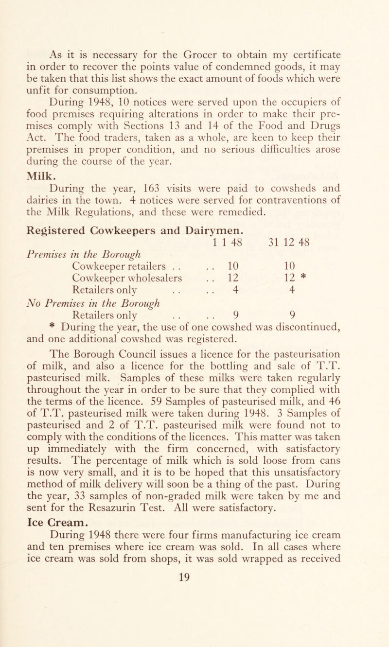 As it is necessary for the Grocer to obtain my certificate in order to recover the points value of condemned goods, it may be taken that this list shows the exact amount of foods which were unfit for consumption. During 1948, 10 notices were served upon the occupiers of food premises requiring alterations in order to make their pre- mises comply with Sections 13 and 14 of the Food and Drugs Act. The food traders, taken as a whole, are keen to keep their premises in proper condition, and no serious difficulties arose during the course of the year. Milk. During the year, 163 visits were paid to cowsheds and dairies in the town. 4 notices were served for contraventions of the Milk Regulations, and these were remedied. Registered Cowkeepers and Dairymen. Premises in the Borough 1 1 48 31 12 48 Cowkeeper retailers . . . . 10 10 Cowkeeper wholesalers . . 12 12 * Retailers only . . 4 4 No Premises in the Borough Retailers only . . . . 9 9 * During the year, the use of one cowshed was discontinued, and one additional cowshed was registered. The Borough Council issues a licence for the pasteurisation of milk, and also a licence for the bottling and sale of T.T. pasteurised milk. Samples of these milks were taken regularly throughout the year in order to be sure that they complied with the terms of the licence. 59 Samples of pasteurised milk, and 46 of T.T. pasteurised milk were taken during 1948. 3 Samples of pasteurised and 2 of T.T. pasteurised milk were found not to comply with the conditions of the licences. This matter was taken up immediately with the firm concerned, with satisfactory results. The percentage of milk which is sold loose from cans is now very small, and it is to be hoped that this unsatisfactory method of milk delivery will soon be a thing of the past. During the year, 33 samples of non-graded milk were taken by me and sent for the Resazurin Test. All were satisfactory. Ice Cream. During 1948 there were four firms manufacturing ice cream and ten premises where ice cream was sold. In all cases where ice cream was sold from shops, it was sold wrapped as received