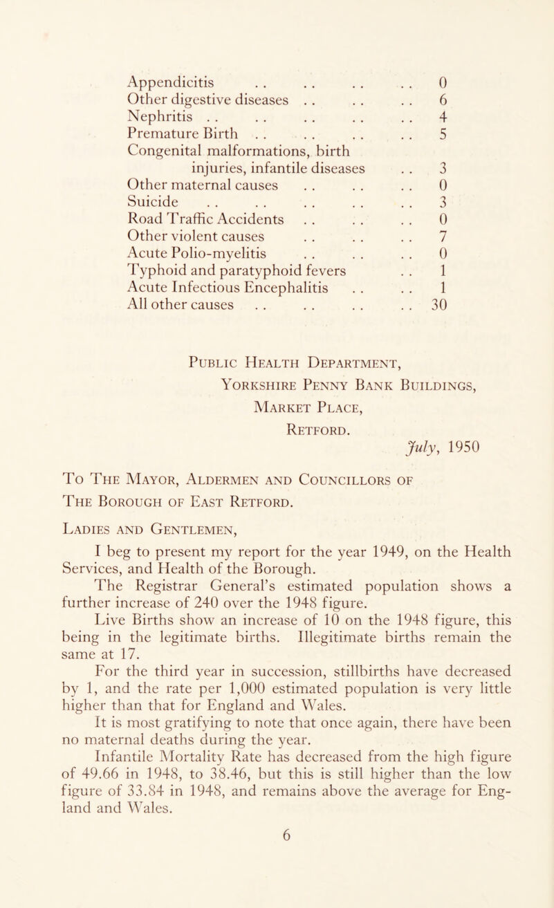 Appendicitis . . . . . . . . 0 Other digestive diseases . , , . . . 6 Nephritis . . . . . . . . . . 4 Premature Birth . . . . . . . . 5 Congenital malformations, birth injuries, infantile diseases . . 3 Other maternal causes . . . . . . 0 Suicide . . . . . . . . , . 3 Road Traffic Accidents .. .. .. 0 Other violent causes . . . . . . 7 Acute Polio-myelitis . . . . . . 0 Typhoid and paratyphoid fevers . . 1 Acute Infectious Encephalitis . . . . 1 All other causes . . . . . . . . 30 Public Health Department, Yorkshire Penny Bank Buildings, Market Place, Retford. July, 1950 To The Mayor, Aldermen and Councillors of The Borough of East Retford. Ladies and Gentlemen, I beg to present my report for the year 1949, on the Health Services, and Health of the Borough. The Registrar General’s estimated population shows a further increase of 240 over the 1948 figure. Live Births show an increase of 10 on the 1948 figure, this being in the legitimate births. Illegitimate births remain the same at 17. Eor the third year in succession, stillbirths have decreased by 1, and the rate per 1,000 estimated population is very little higher than that for England and Wales. It is most gratifying to note that once again, there have been no maternal deaths during the year. Infantile Mortality Rate has decreased from the high figure of 49.66 in 1948, to 38.46, but this is still higher than the low figure of 33.84 in 1948, and remains above the average for Eng- land and Wales.