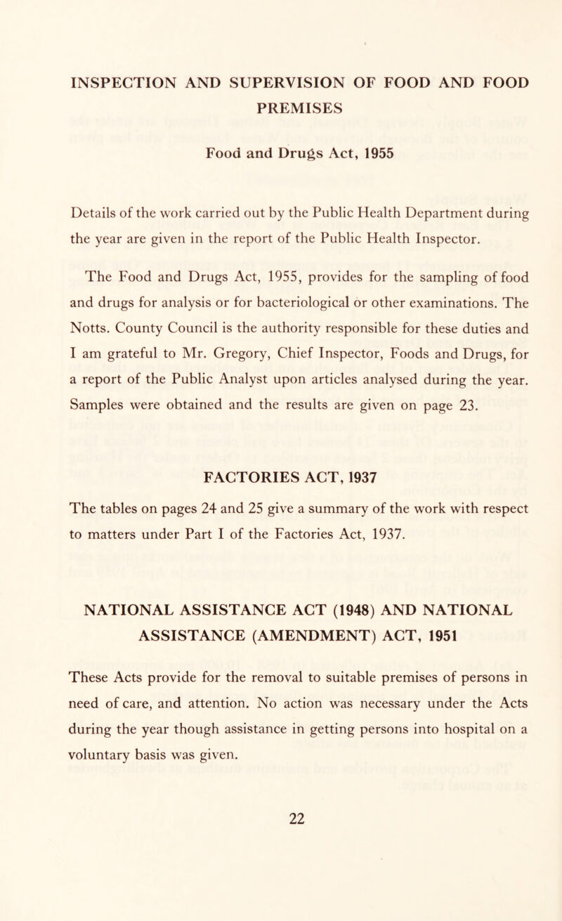 INSPECTION AND SUPERVISION OF FOOD AND FOOD PREMISES Food and Drugs Act, 1955 Details of the work carried out by the Public Health Department during the year are given in the report of the Public Health Inspector. The Food and Drugs Act, 1955, provides for the sampling of food and drugs for analysis or for bacteriological or other examinations. The Notts. County Council is the authority responsible for these duties and I am grateful to Mr. Gregory, Chief Inspector, Foods and Drugs, for a report of the Public Analyst upon articles analysed during the year. Samples were obtained and the results are given on page 23. FACTORIES ACT, 1937 The tables on pages 24 and 25 give a summary of the work with respect to matters under Part I of the Factories Act, 1937. NATIONAL ASSISTANCE ACT (1948) AND NATIONAL ASSISTANCE (AMENDMENT) ACT, 1951 These Acts provide for the removal to suitable premises of persons in need of care, and attention. No action was necessary under the Acts during the year though assistance in getting persons into hospital on a voluntary basis was given.