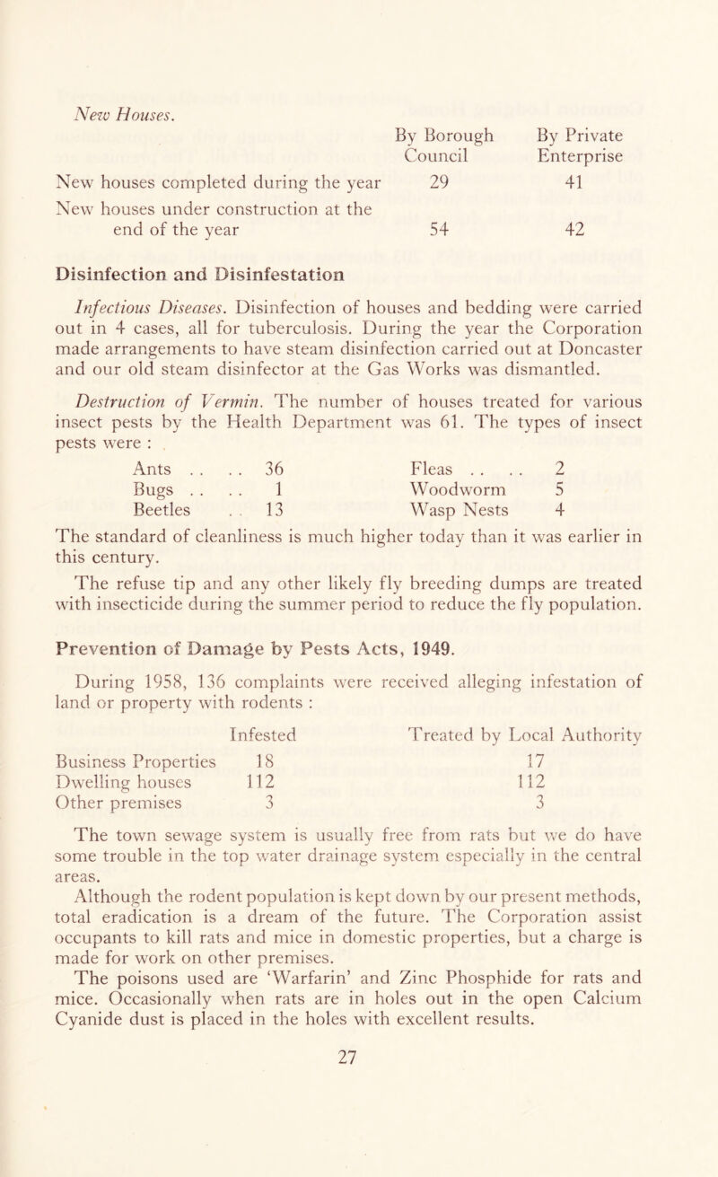 New Houses. By Borough Council New houses completed during the year 29 New houses under construction at the end of the year 54 By Private Enterprise 41 42 Disinfection and Disinfestation Infectious Diseases. Disinfection of houses and bedding were carried out in 4 cases, all for tuberculosis. During the year the Corporation made arrangements to have steam disinfection carried out at Doncaster and our old steam disinfector at the Gas Works was dismantled. Destruction of Vermin. The number of houses treated for various insect pests by the Health Department was 61. The types of insect pests were : . Ants . . . . 36 Fleas . . . . 2 Bugs . . . . 1 Woodworm 5 Beetles . . 13 Wasp Nests 4 The standard of cleanliness is much higher today than it was earlier in this century. The refuse tip and any other likely fly breeding dumps are treated with insecticide during the summer period to reduce the fly population. Prevention of Damage by Pests Acts, 1949. During 1958, 136 complaints were received alleging infestation of land or property with rodents : Infested Treated by Local Authority Business Properties 18 17 Dwelling houses 112 112 Other premises 3 3 The town sewage system is usually free from rats but we do have some trouble in the top water drainage system especially in the central areas. Although the rodent population is kept down by our present methods, total eradication is a dream of the future. The Corporation assist occupants to kill rats and mice in domestic properties, but a charge is made for work on other premises. The poisons used are ‘Warfarin’ and Zinc Phosphide for rats and mice. Occasionally when rats are in holes out in the open Calcium Cyanide dust is placed in the holes with excellent results.