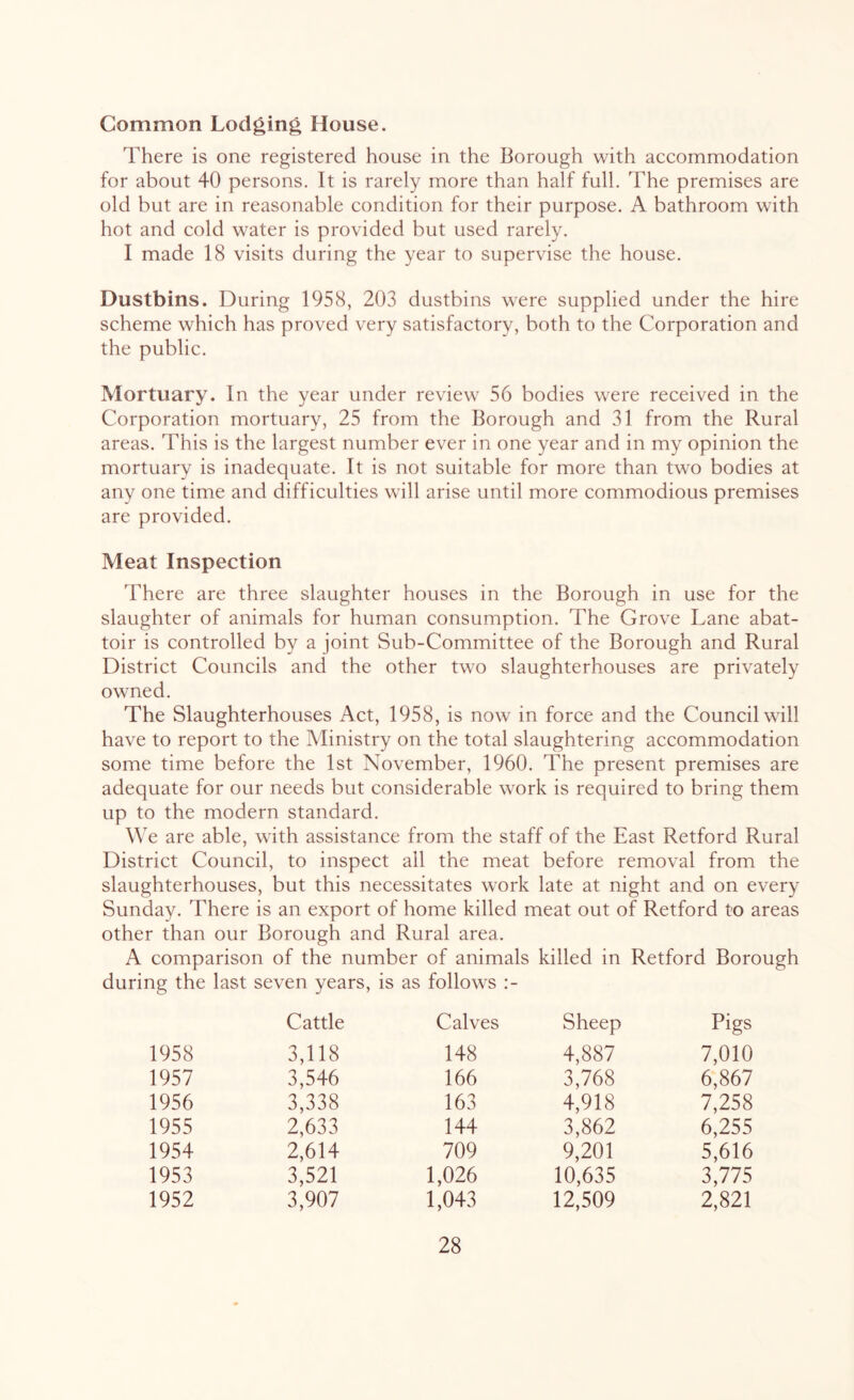 Common Lodging House. There is one registered house in the Borough with accommodation for about 40 persons. It is rarely more than half full. The premises are old but are in reasonable condition for their purpose. A bathroom with hot and cold water is provided but used rarely. I made 18 visits during the year to supervise the house. Dustbins. During 1958, 203 dustbins were supplied under the hire scheme which has proved very satisfactory, both to the Corporation and the public. Mortuary. In the year under review 56 bodies were received in the Corporation mortuary, 25 from the Borough and 31 from the Rural areas. This is the largest number ever in one year and in my opinion the mortuary is inadequate. It is not suitable for more than two bodies at any one time and difficulties will arise until more commodious premises are provided. Meat Inspection There are three slaughter houses in the Borough in use for the slaughter of animals for human consumption. The Grove Lane abat- toir is controlled by a joint Sub-Committee of the Borough and Rural District Councils and the other two slaughterhouses are privately owned. The Slaughterhouses Act, 1958, is now in force and the Council will have to report to the Ministry on the total slaughtering accommodation some time before the 1st November, 1960. The present premises are adequate for our needs but considerable work is required to bring them up to the modern standard. We are able, with assistance from the staff of the East Retford Rural District Council, to inspect all the meat before removal from the slaughterhouses, but this necessitates work late at night and on every Sunday. There is an export of home killed meat out of Retford to areas other than our Borough and Rural area. A comparison of the number of animals killed in Retford Borough during the last seven years, is as follows :- Cattle Calves Sheep Pigs 1958 3,118 148 4,887 7,010 1957 3,546 166 3,768 6,867 1956 3,338 163 4,918 7,258 1955 2,633 144 3,862 6,255 1954 2,614 709 9,201 5,616 1953 3,521 1,026 10,635 3,775 1952 3,907 1,043 12,509 2,821