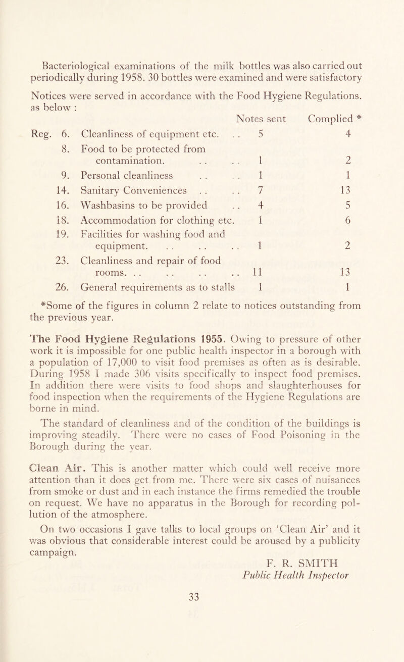 Bacteriological examinations of the milk bottles was also carried out periodically during 1958. 30 bottles were examined and were satisfactory Notices were served in accordance with the Food Hygiene Regulations, as below : 6. Cleanliness of equipment etc. Notes sent 5 Complied 4 8. Food to be protected from contamination. 1 2 9. Personal cleanliness 1 1 14. Sanitary Conveniences . 7 13 16. Washbasins to be provided . 4 5 18. Accommodation for clothing etc. 1 6 19. Facilities for washing food and equipment. 1 2 23. Cleanliness and repair of food rooms. . 11 13 26. General requirements as to stalls 1 1 #Some of the figures in column 2 relate to notices outstanding from the previous year. The Food Hygiene Regulations 1955. Owing to pressure of other work it is impossible for one public health inspector in a borough with a population of 17,000 to visit food premises as often as is desirable. During 1958 I made 306 visits specifically to inspect food premises. In addition there were visits to food shops and slaughterhouses for food inspection when the requirements of the Hygiene Regulations are borne in mind. The standard of cleanliness and of the condition of the buildings is improving steadily. There were no cases of Food Poisoning in the Borough during the year. Glean Air. This is another matter which could well receive more attention than it does get from me. There were six cases of nuisances from smoke or dust and in each instance the firms remedied the trouble on request. We have no apparatus in the Borough for recording pol- lution of the atmosphere. On two occasions I gave talks to local groups on ‘Clean Air’ and it was obvious that considerable interest could be aroused by a publicity campaign. F. R. SMITH Public Health Inspector