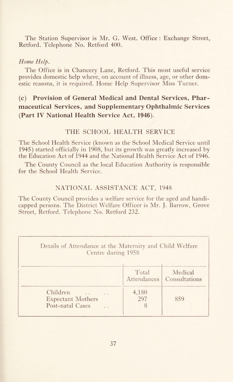 The Station Supervisor is Mr. G. West. Office : Exchange Street, Retford. Telephone No. Retford 400. Home Help. The Office is in Chancery Lane, Retford. This most useful service provides domestic help where, on account of illness, age, or other dom- estic reasons, it is required. Home Help Supervisor Miss Turner. (c) Provision of General Medical and Dental Services, Phar- maceutical Services, and Supplementary Ophthalmic Services (Part IV National Health Service Act, 1946). THE SCHOOL HEALTH SERVICE The School Health Service (known as the School Medical Service until 1945) started officially in 1908, but its growth was greatly increased by the Education Act of 1944 and the National Health Service Act of 1946. The County Council as the local Education Authority is responsible for the School Health Service. NATIONAL ASSISTANCE ACT, 1948 The County Council provides a welfare service for the aged and handi- capped persons. The District Welfare Officer is Mr. J. Barrow, Grove Street, Retford. Telephone No. Retford 232. Details of Attendance at the IV Centre during [aternity and ( r 1958 Jhild Welfare Total Attendances Medical Consultations Children Expectant Mothers Post-natal Cases 4,180 297 8 859