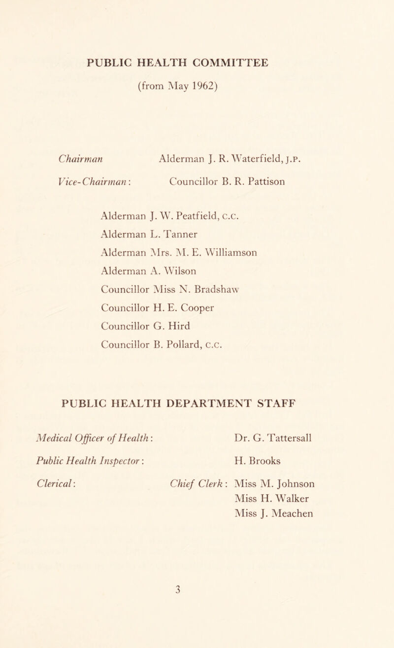 PUBLIC HEALTH COMMITTEE (from May 1962) Chairman Alderman J. R. Waterfield, j.p. Vice-Chairman: Councillor B. R. Pattison Alderman J. \V. Peatfield, c.c. Alderman L. Tanner Alderman Mrs. M. E. Williamson Alderman A. Wilson Councillor Miss N. Bradshaw Councillor H. E. Cooper Councillor G. Hird Councillor B. Pollard, c.c. PUBLIC HEALTH DEPARTMENT STAFF Medical Officer of Health: Public Health hispector: Dr. G. Tattersall H. Brooks Clerical: Chief Clerk : Miss M. Johnson Miss H. Walker Miss J. Meachen